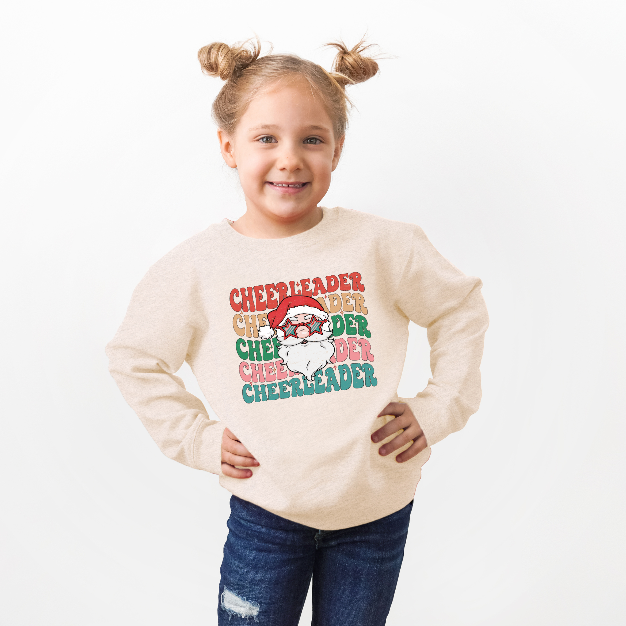 Retro cheerleader christmas sweathirt with santa claus wearing glasses.