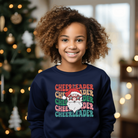 Retro cheerleader christmas sweathirt with santa claus wearing glasses.