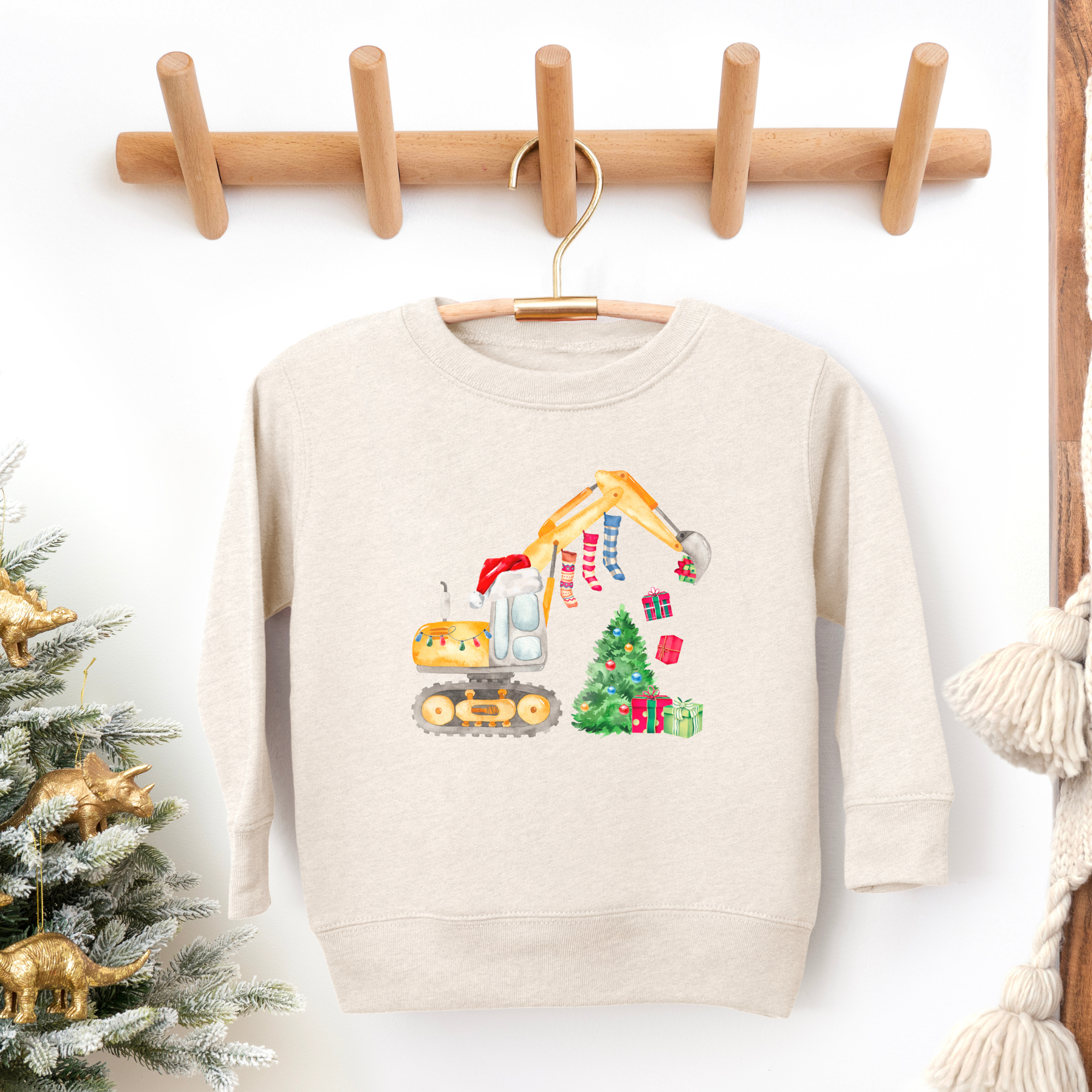 Excavator construction equipment christmas sweatshirt for the holidays.  Made in toddler and kid sizes.