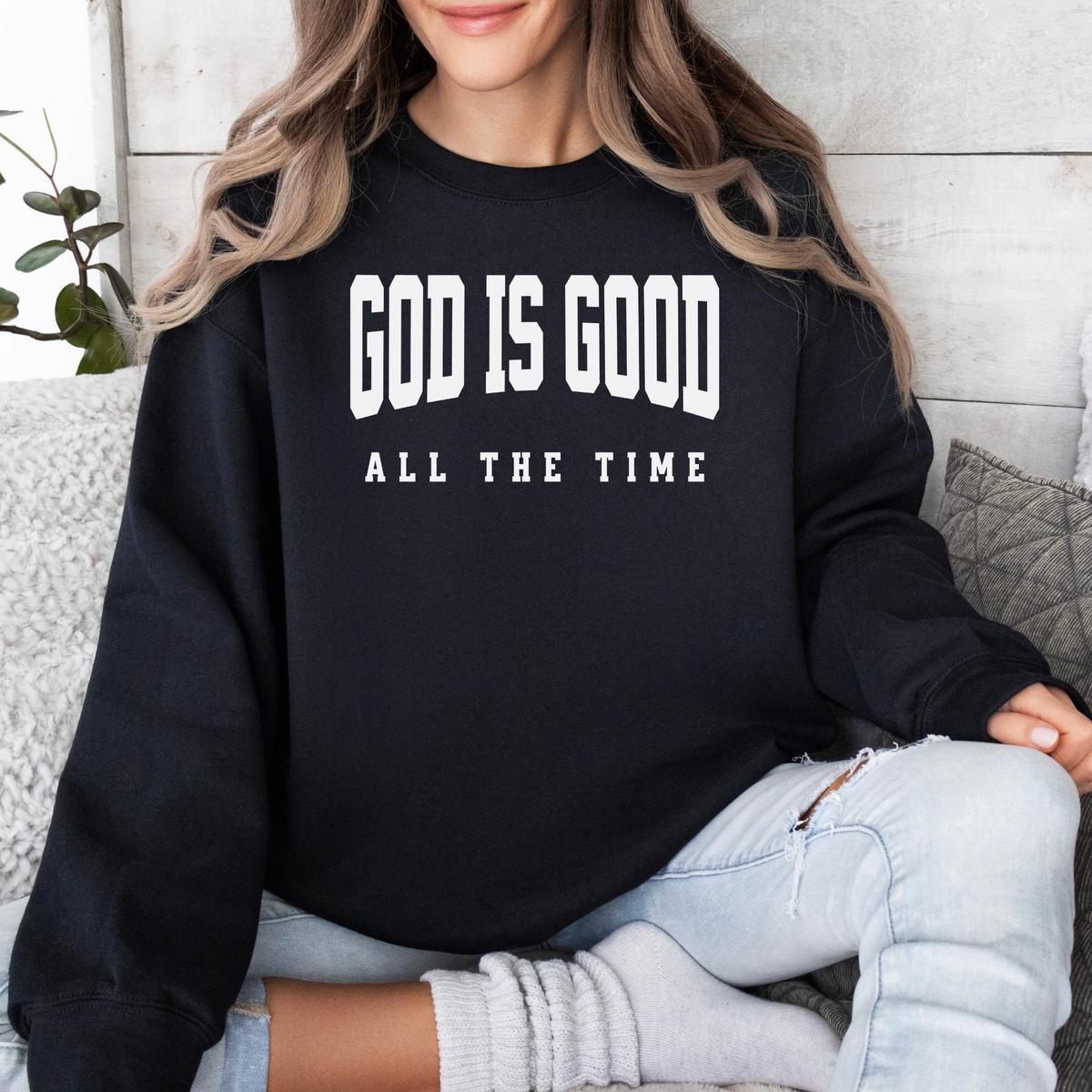 Black crewneck god is good shirt