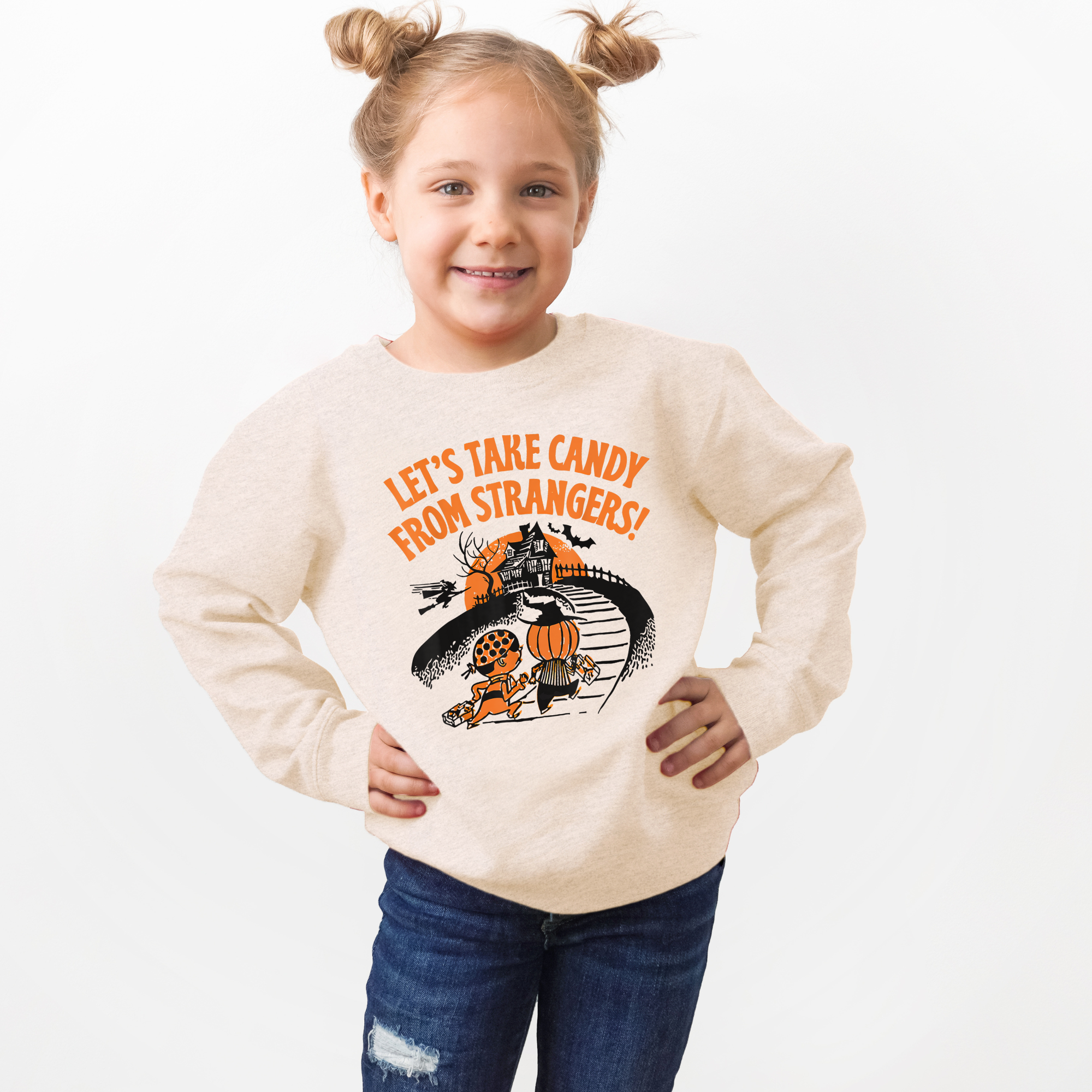 Let's take candy from strangers heather natural kids halloween sweatshirt with a black and orange vintage design