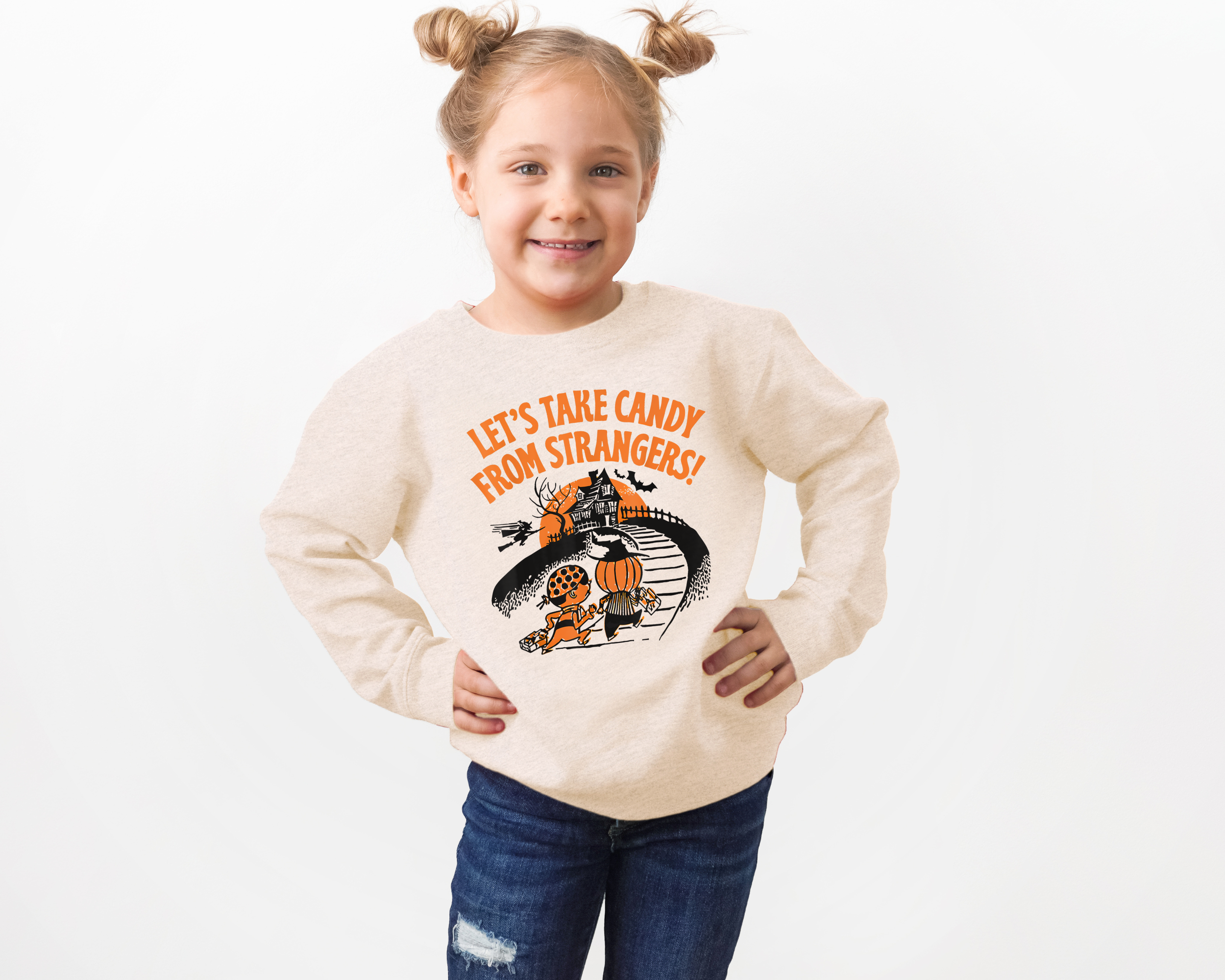 Let's take candy from strangers heather natural kids halloween sweatshirt with a black and orange vintage design