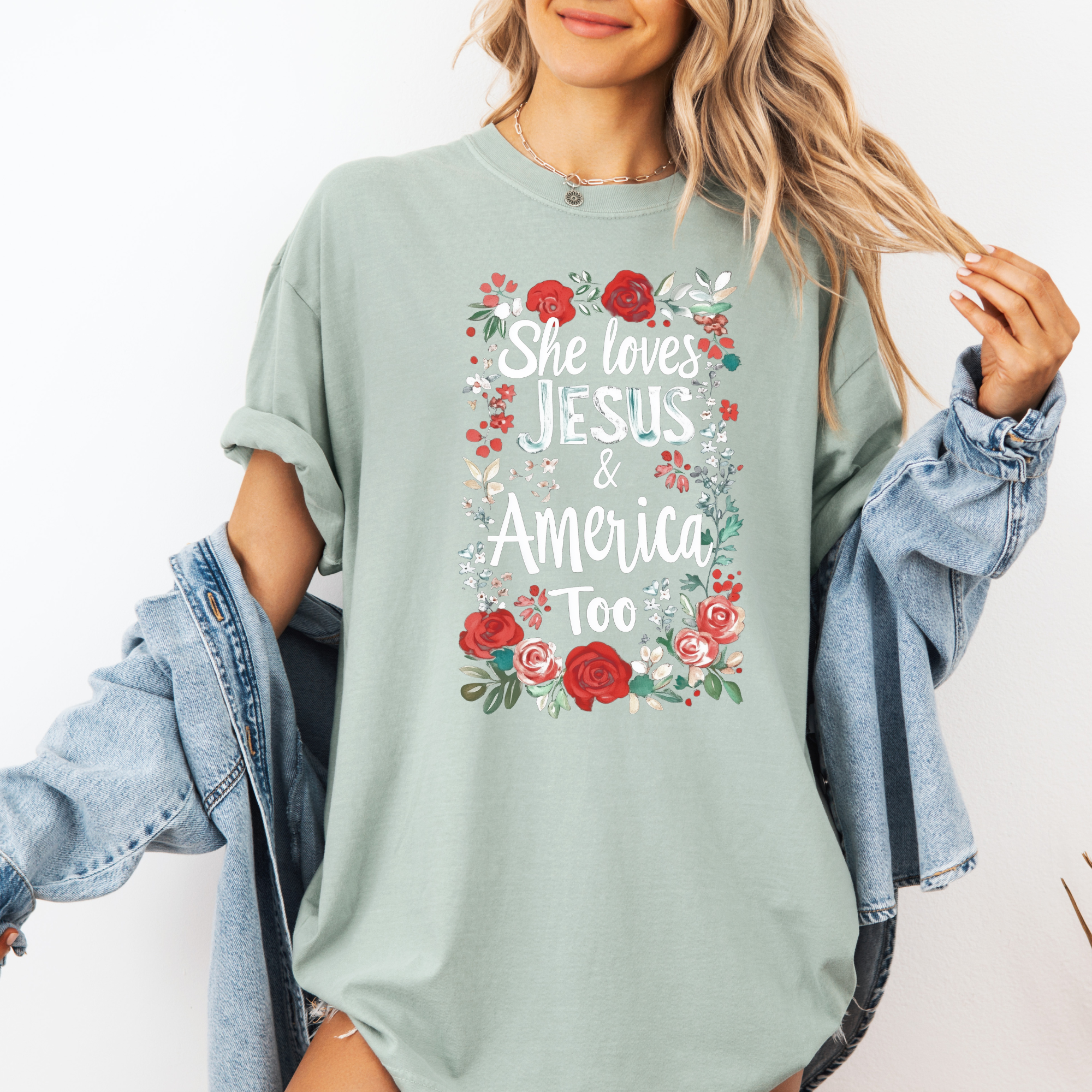 She Loves Jesus & American Too T-Shirt | Womens Patriotic T-Shirt