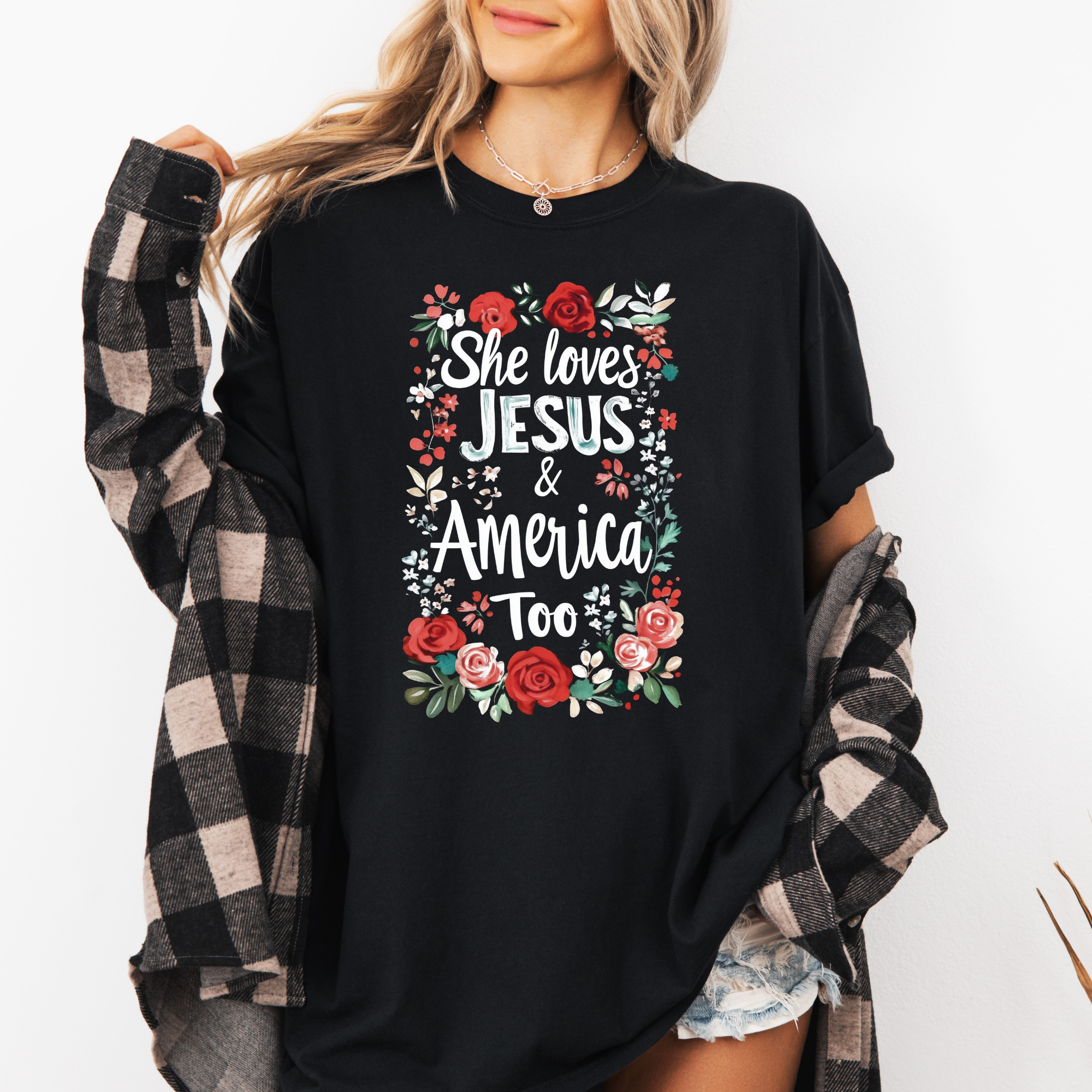 She Loves Jesus & American Too T-Shirt | Womens Patriotic T-Shirt