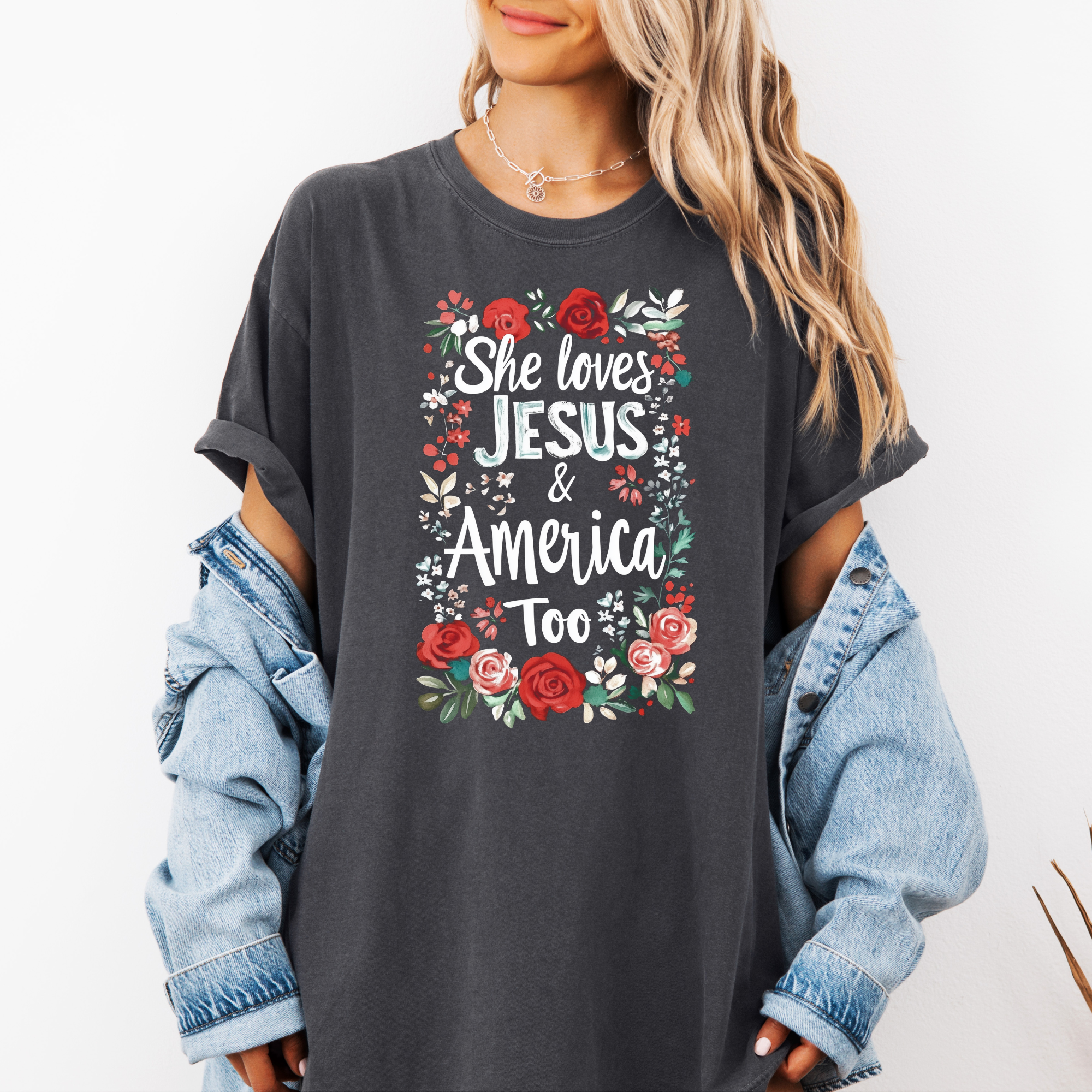She Loves Jesus & American Too T-Shirt | Womens Patriotic T-Shirt