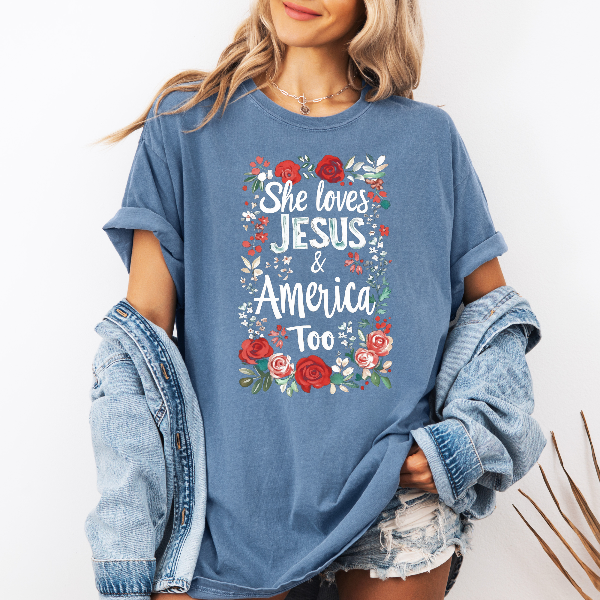 She Loves Jesus & American Too T-Shirt | Womens Patriotic T-Shirt