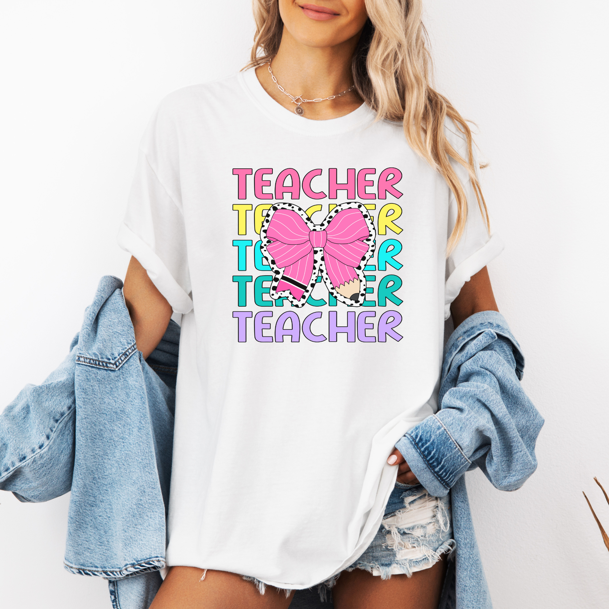Teacher stacked with bow tshirt
