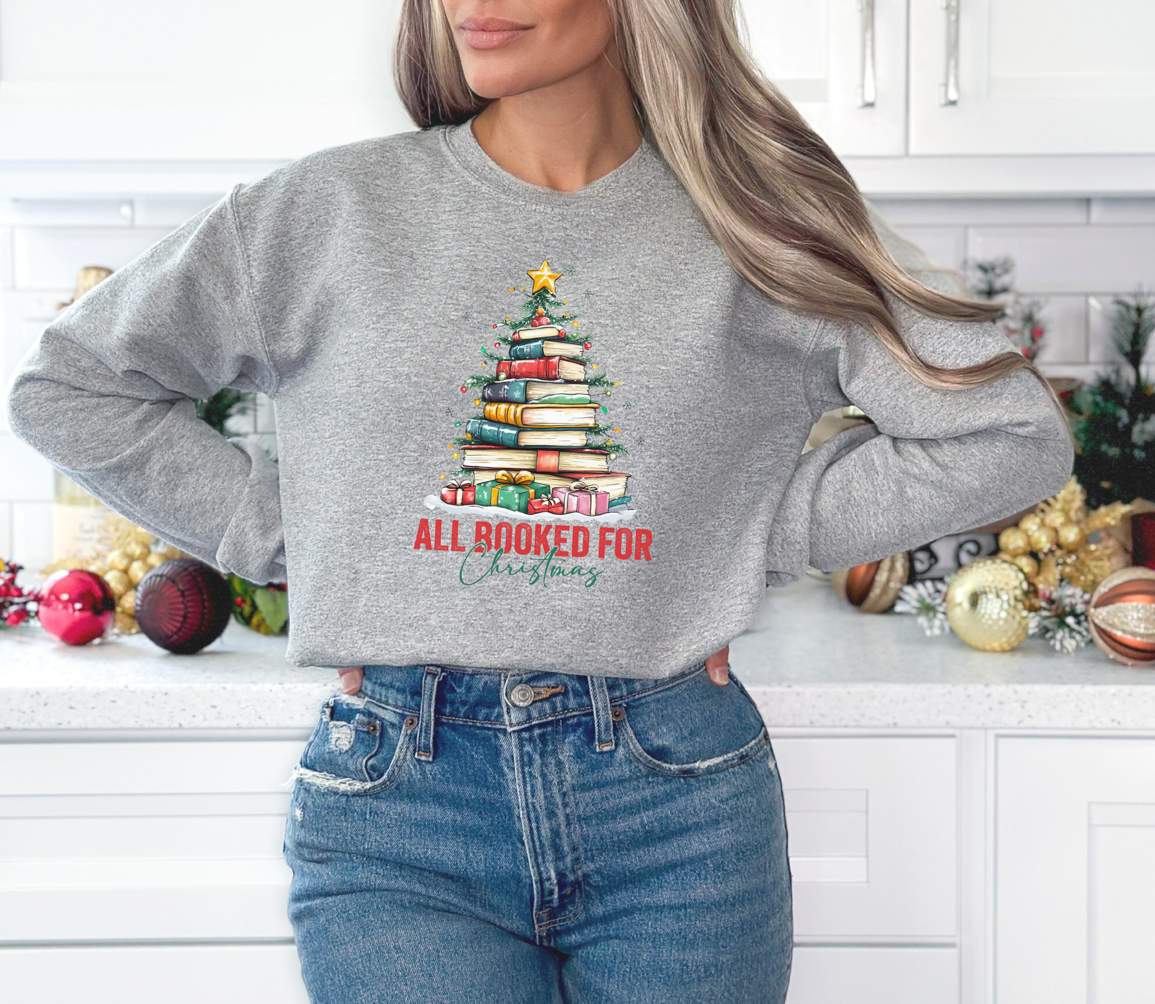 All booked for Christmas sweatshirt for book lovers in gray
