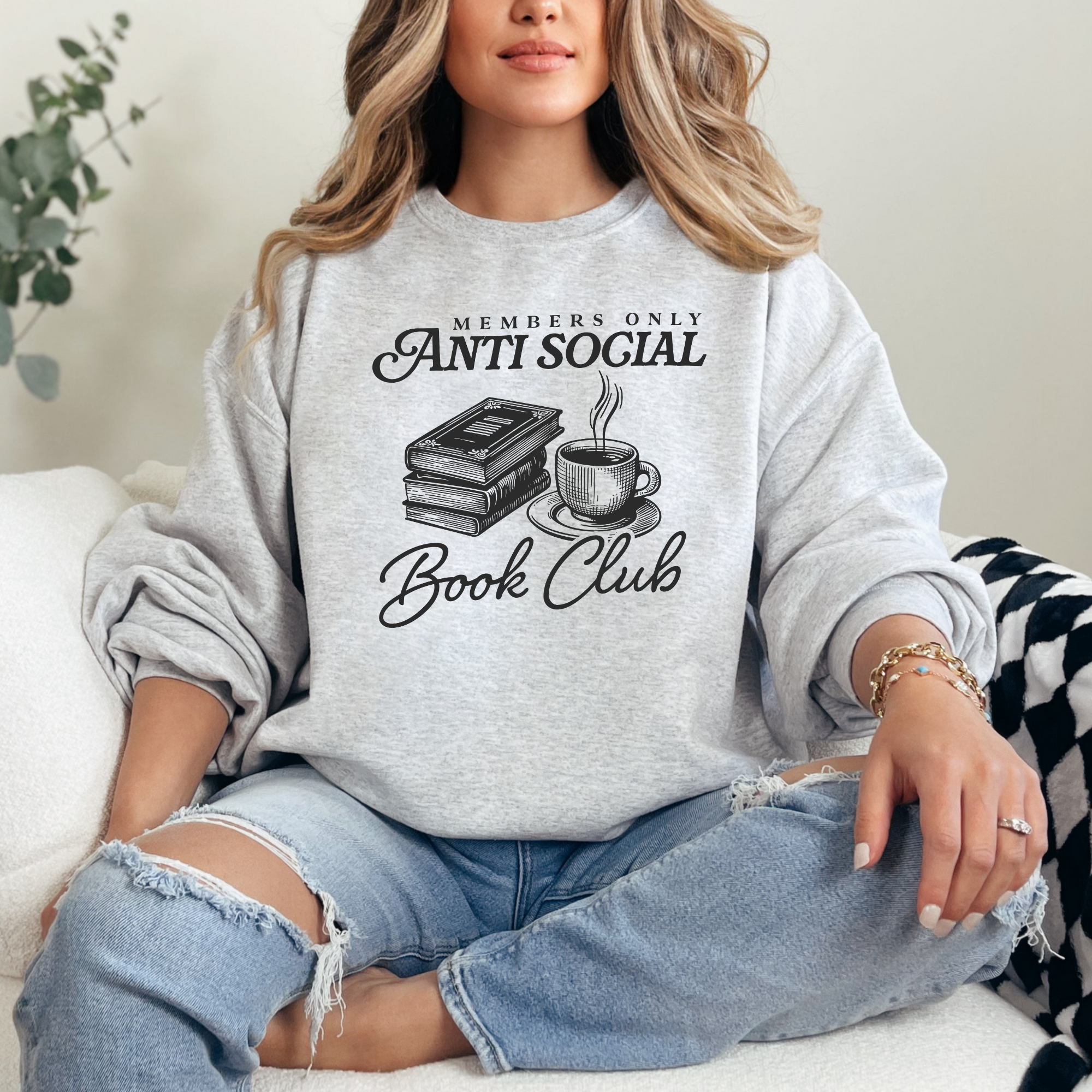 Pullover sweatshirt in the color ash that says "members only antisocial book club" for book lovers or bookish women.