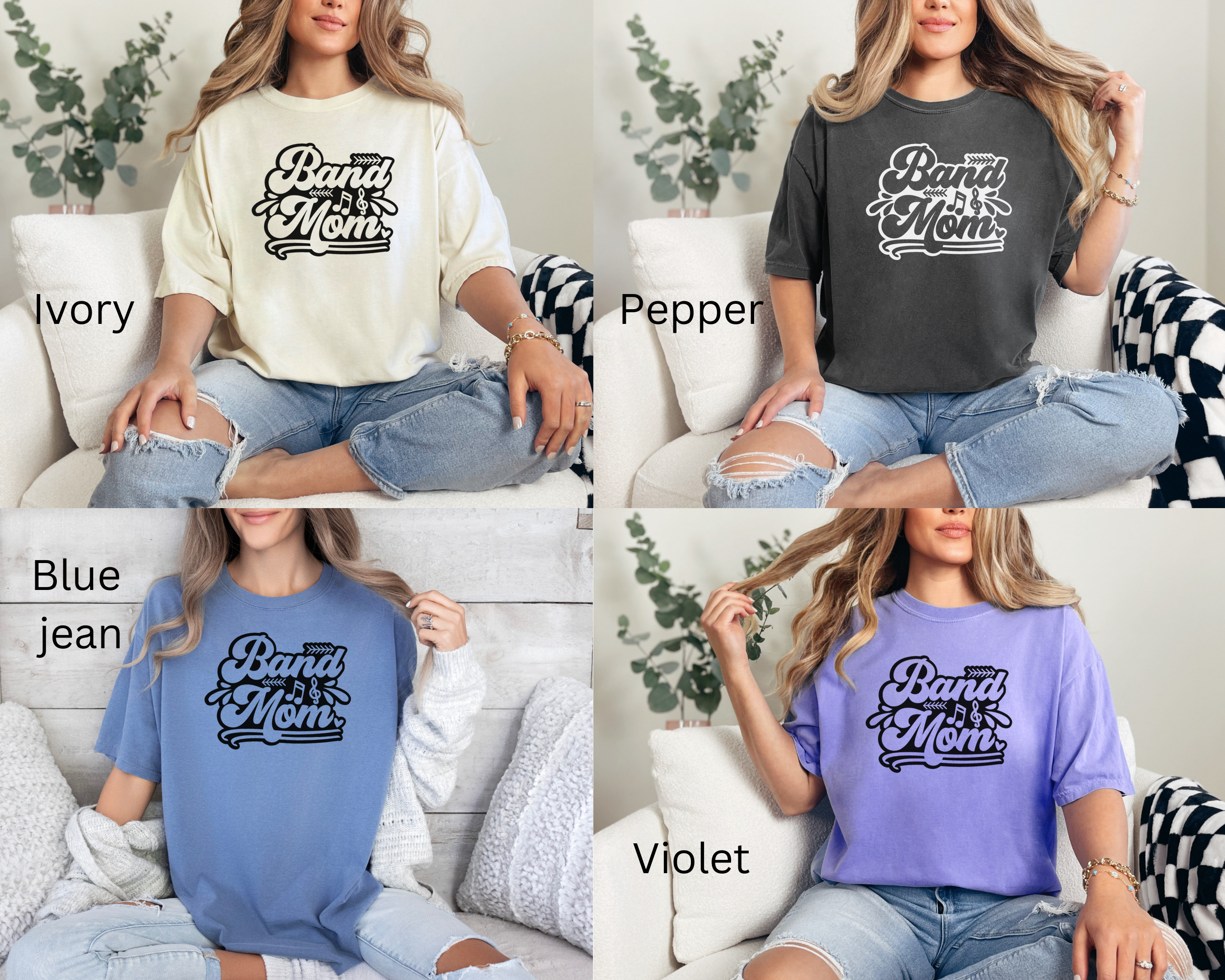 band mom tshirts made in colors Ivory, Blue Jean, Pepper, and Violet. all made with comfort colors tees. The design is a retro bubbly text with music symbols.