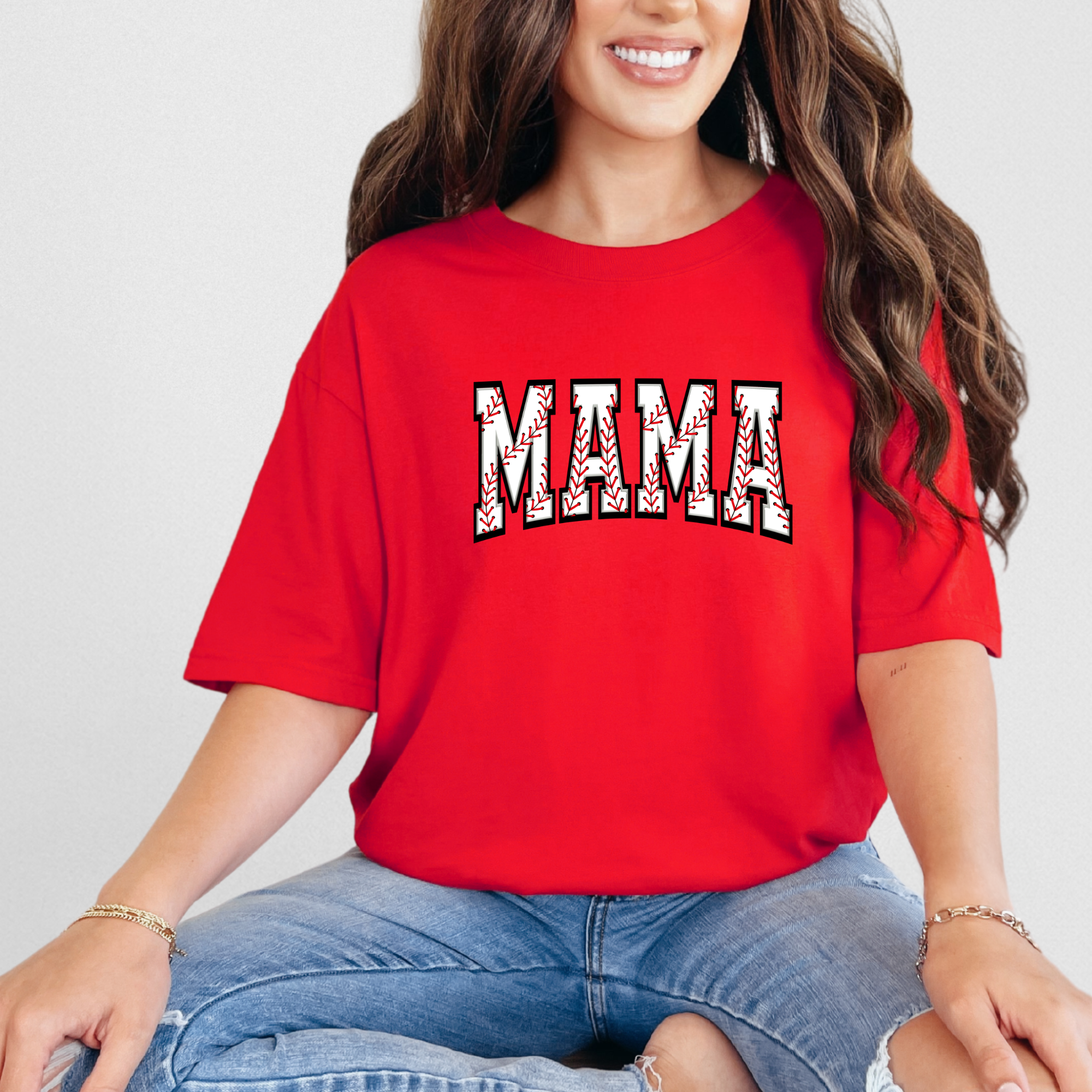 baseball mom shirt that says baseball mama in a baseball print design.