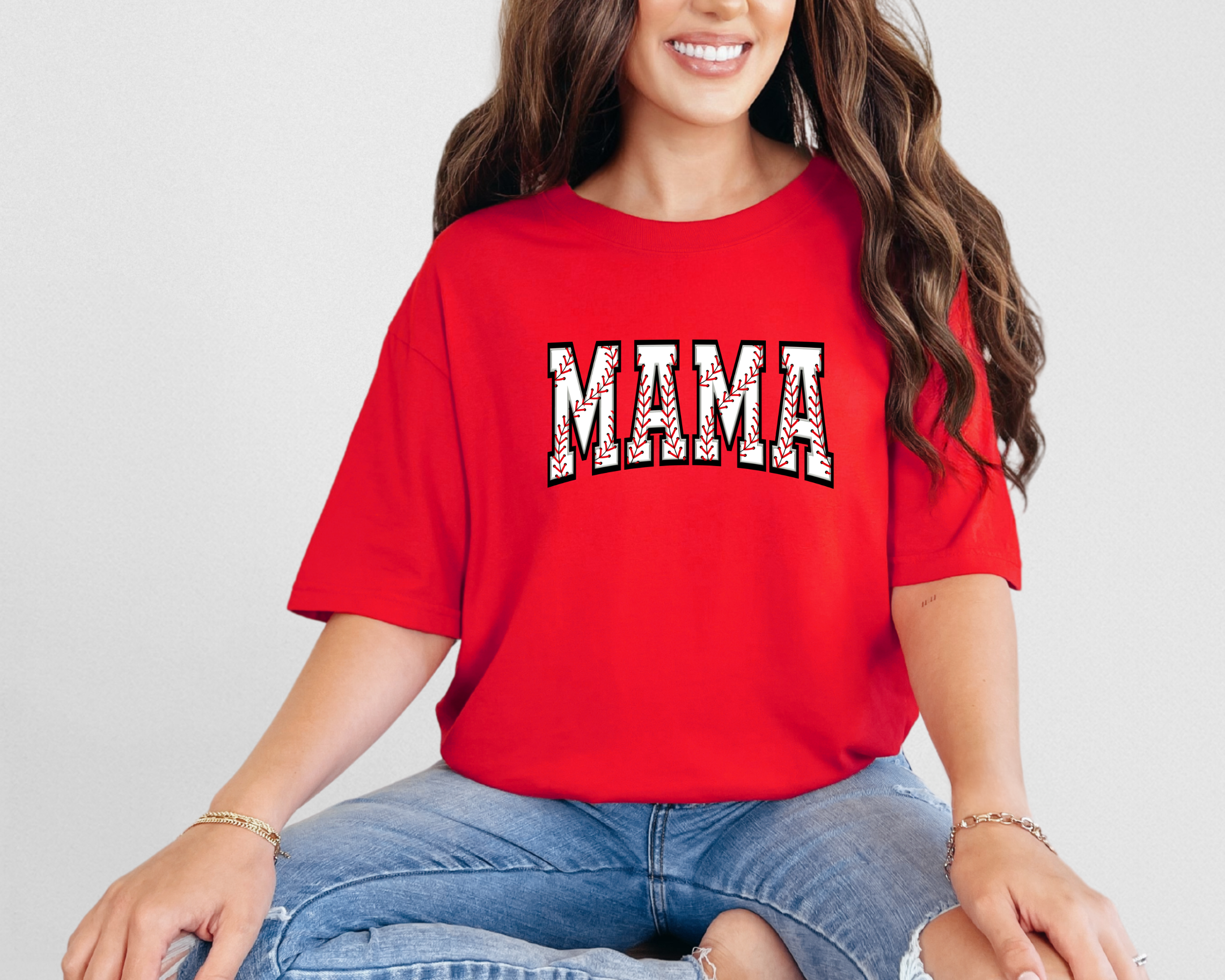 baseball mom shirt that says baseball mama in a baseball print design.