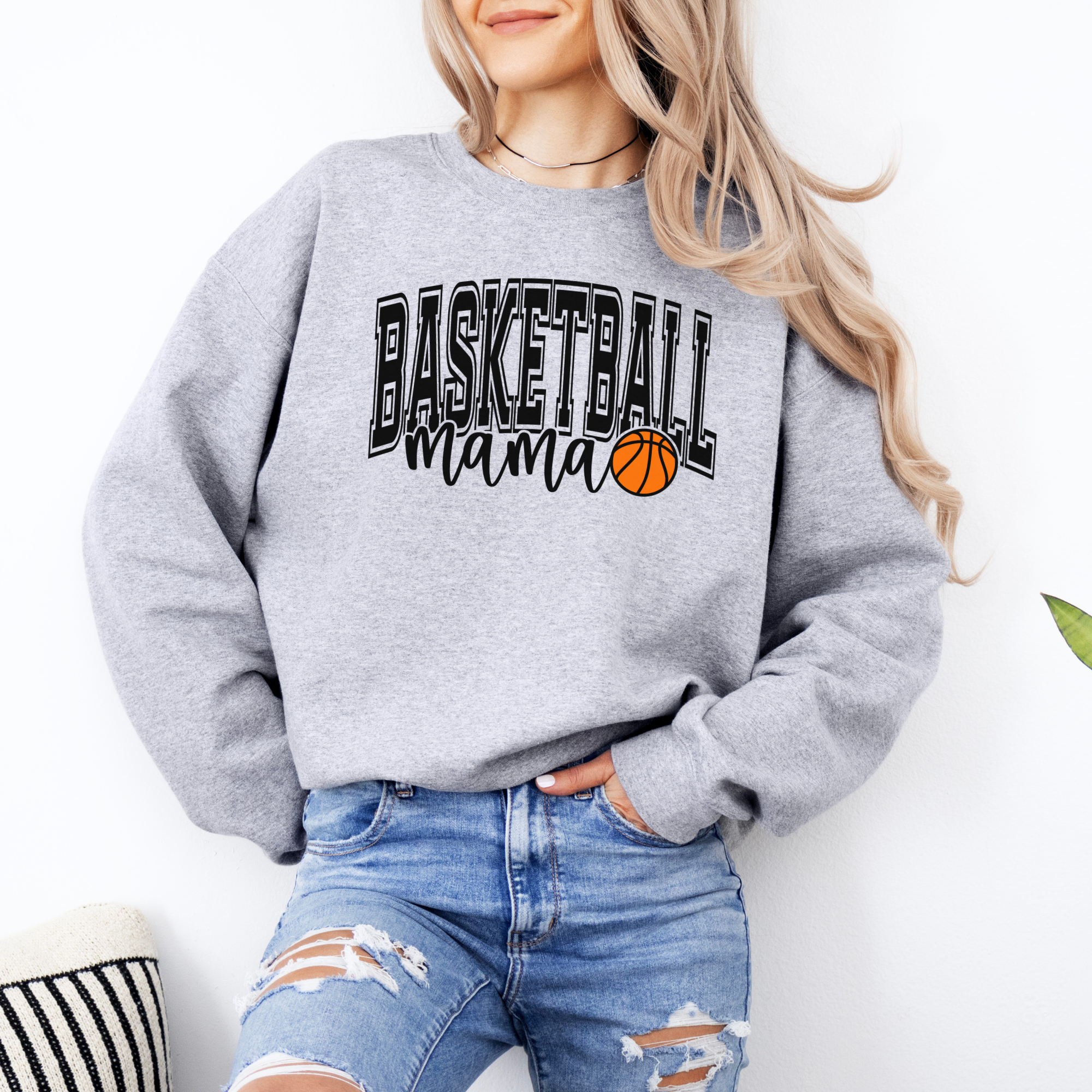 basketball mama sweatshirt with a college outline text , mama in cursive, and a small basketball