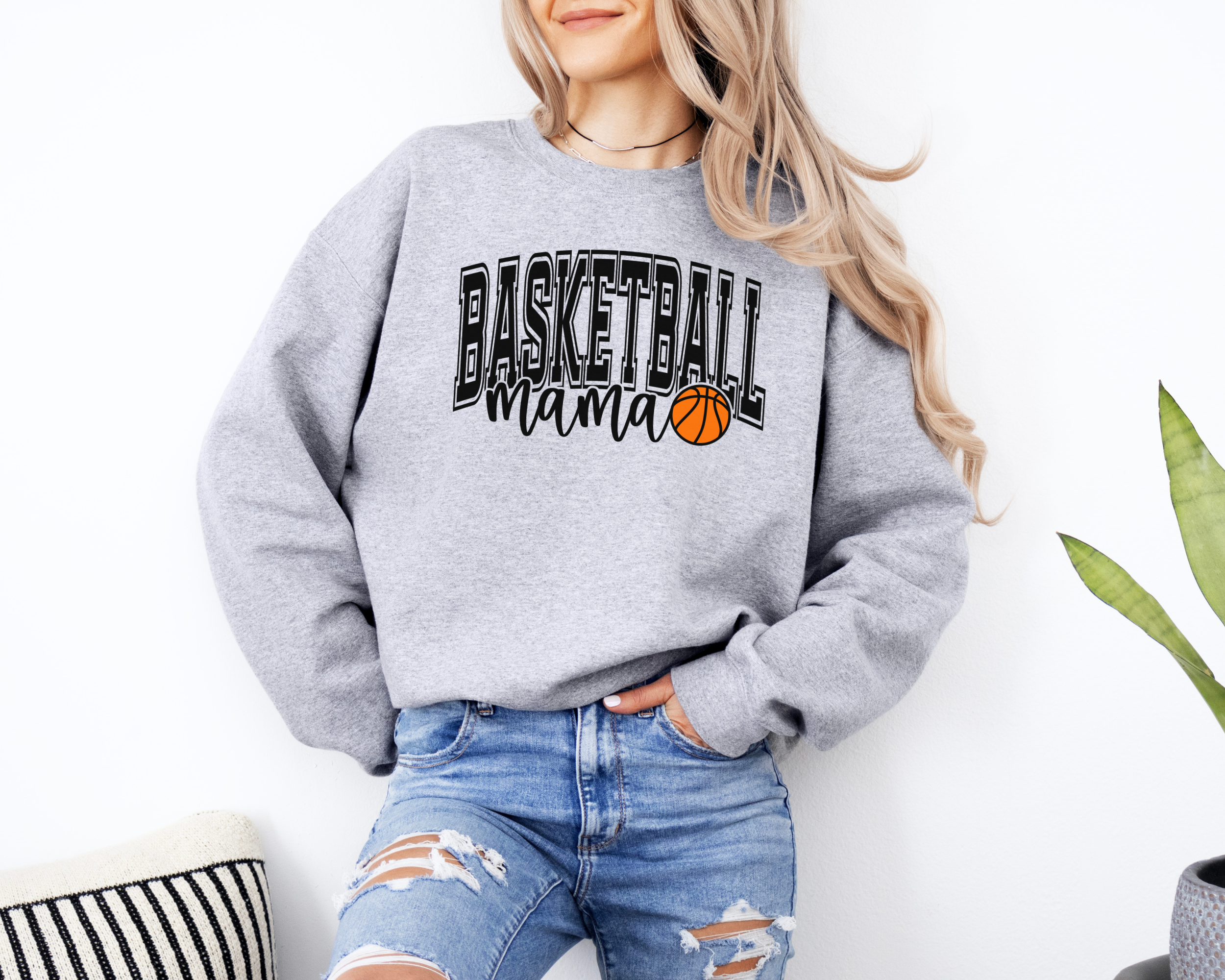 basketball mama sweatshirt with a college outline text , mama in cursive, and a small basketball