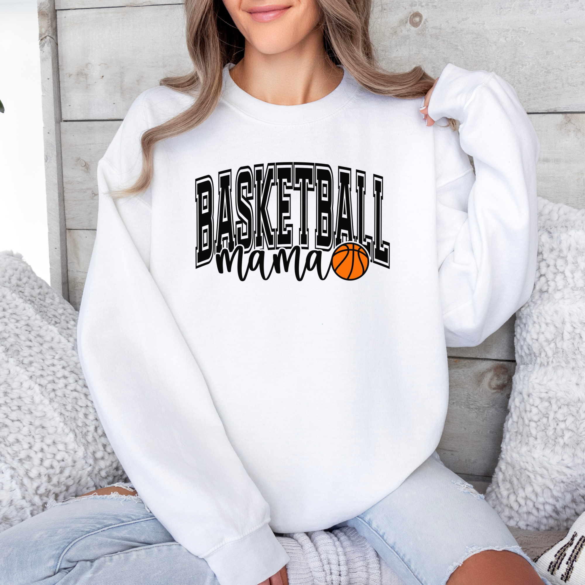 basketball mama sweatshirt with a college outline text , mama in cursive, and a small basketball