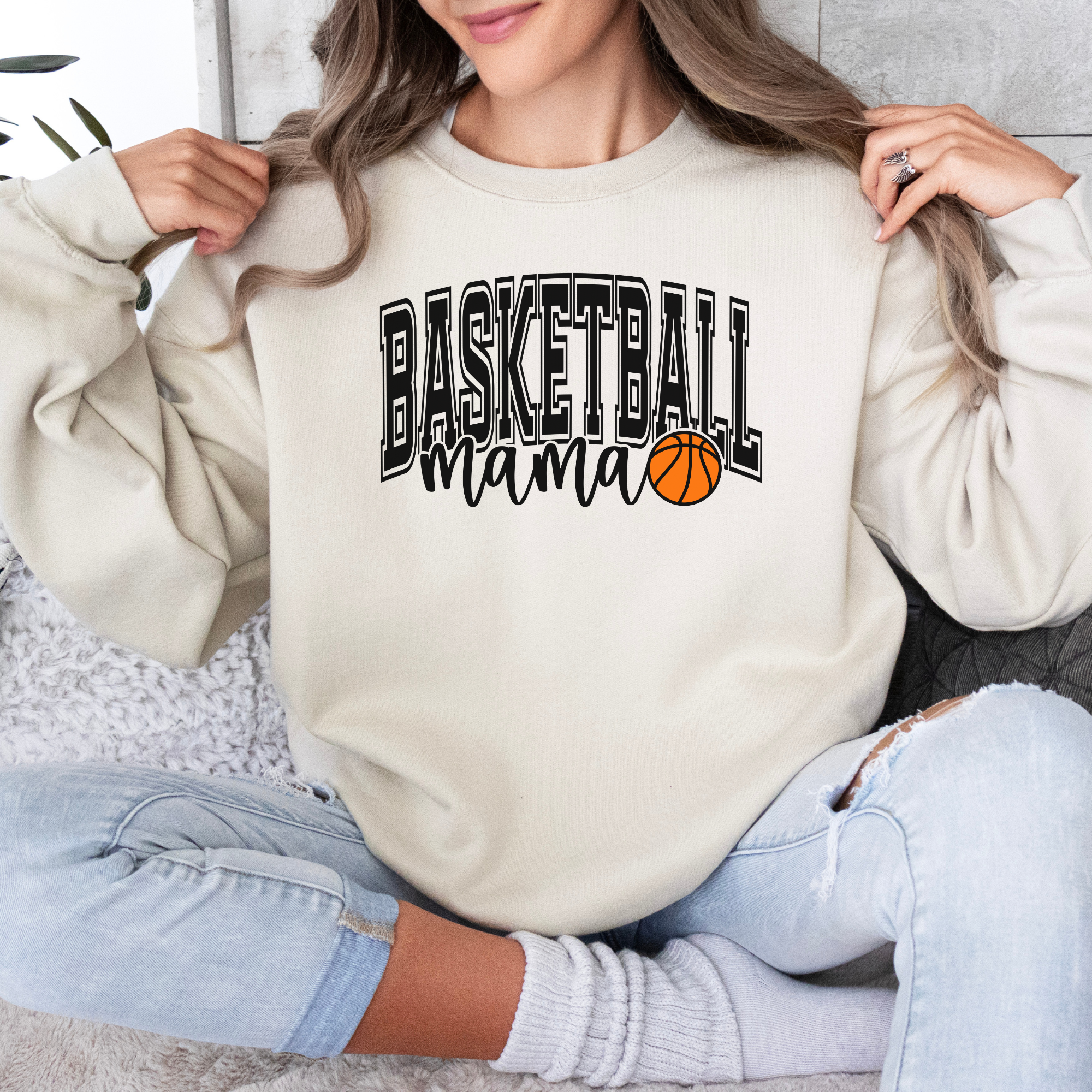 basketball mama sweatshirt with a college outline text , mama in cursive, and a small basketball
