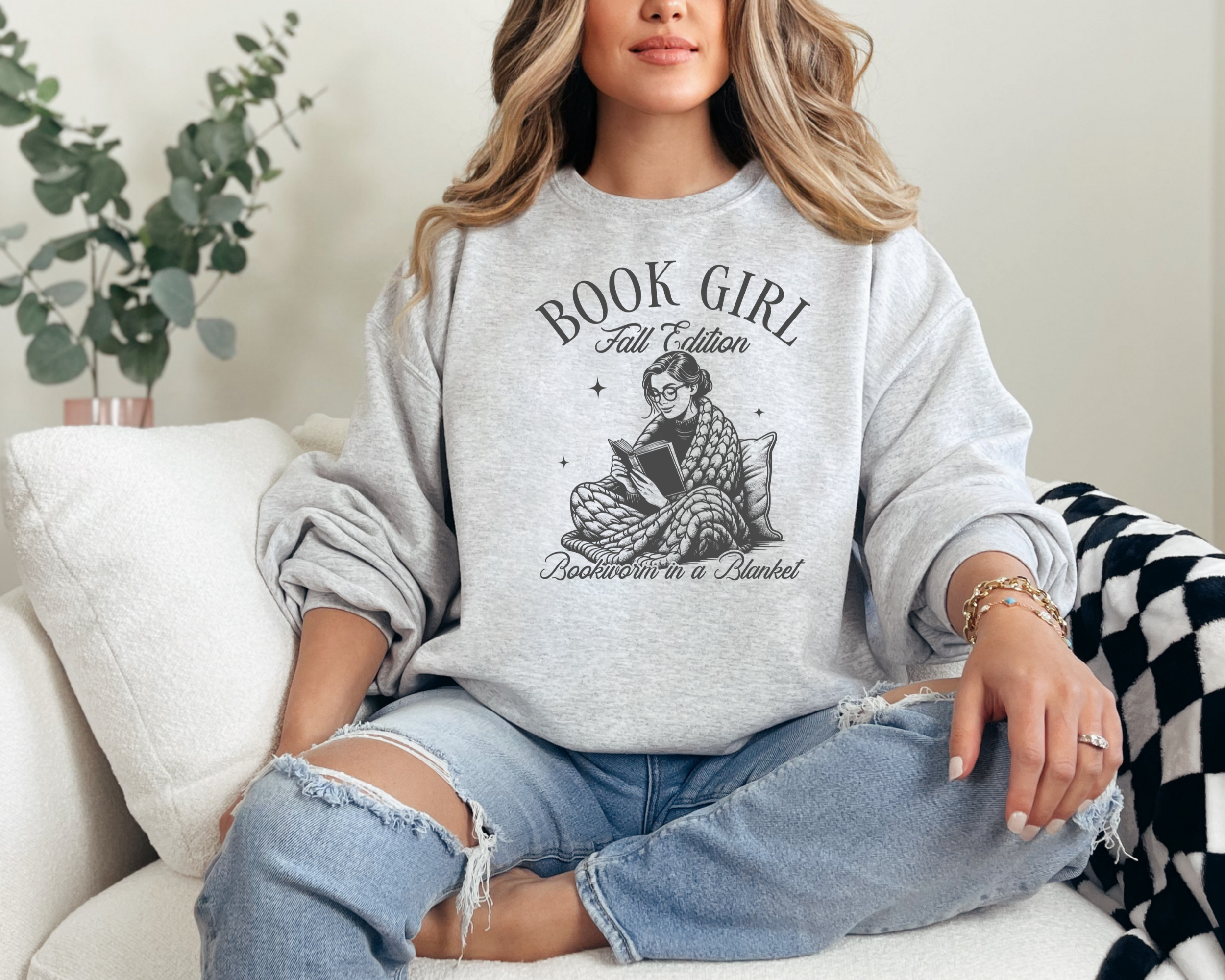 Book girl fall edition bookworm in a blanket sweatshirt in the color ash with a dark gray design