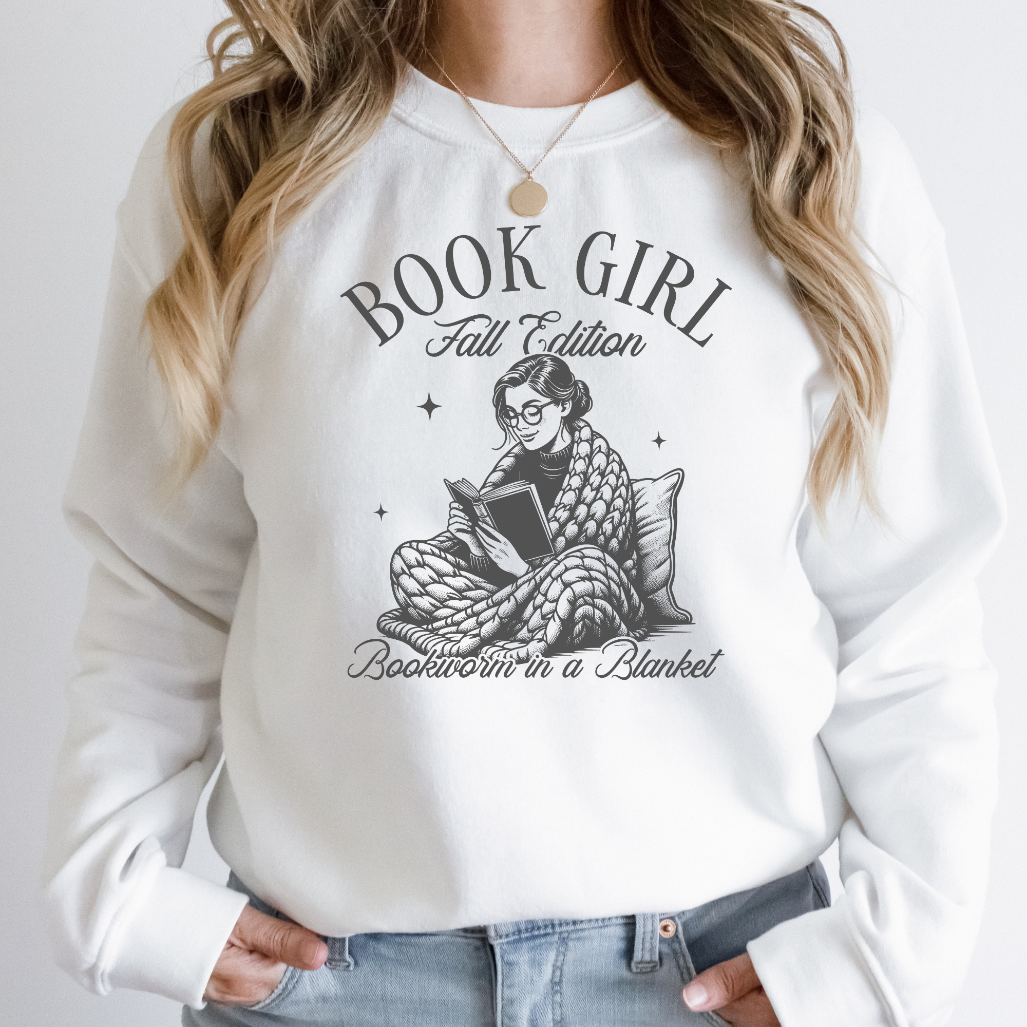 Book girl fall edition bookworm in a blanket sweatshirt in the color white with a dark grey design