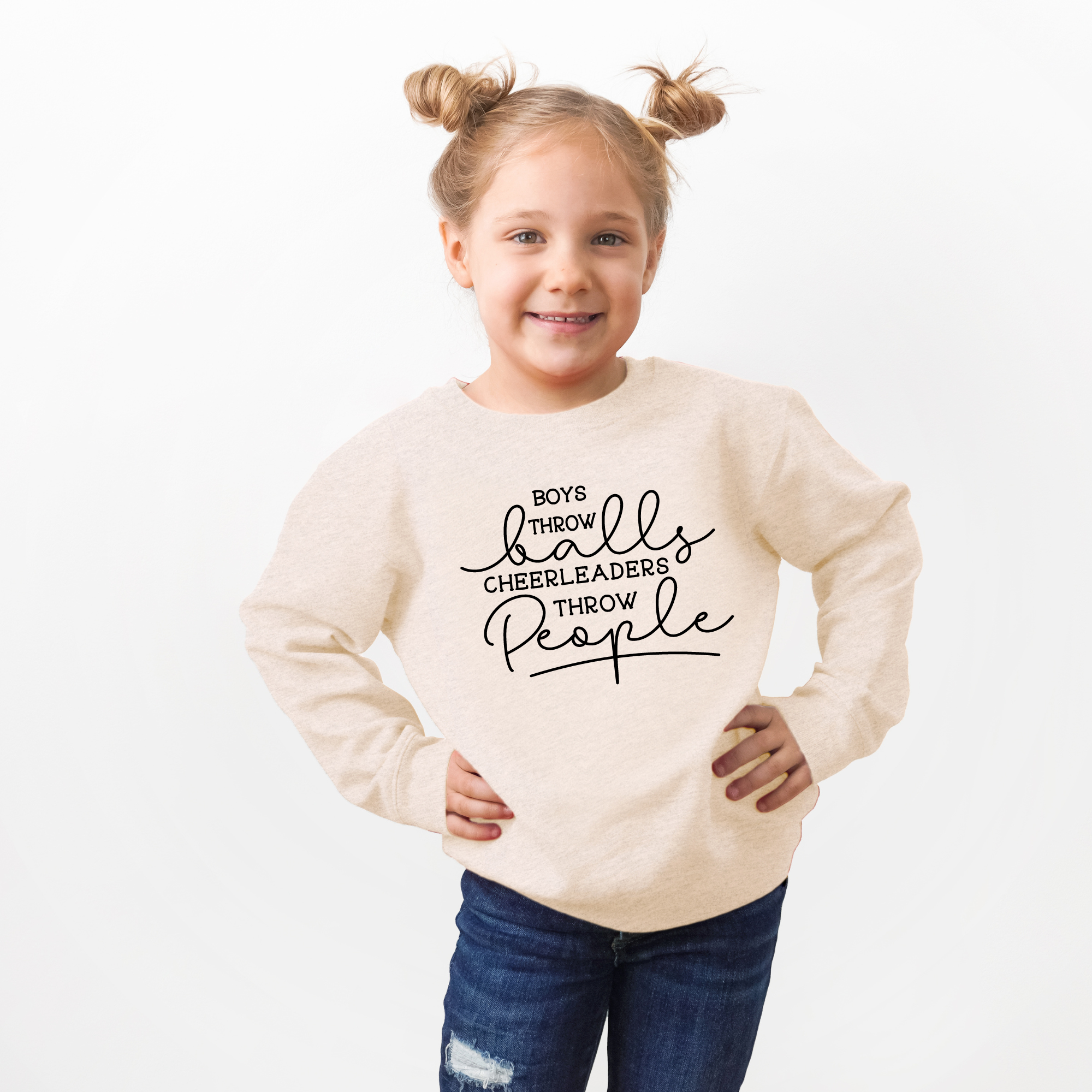 Funny cheer sweatshirt that says boys throw balls cheerleaders throw people in natural heather