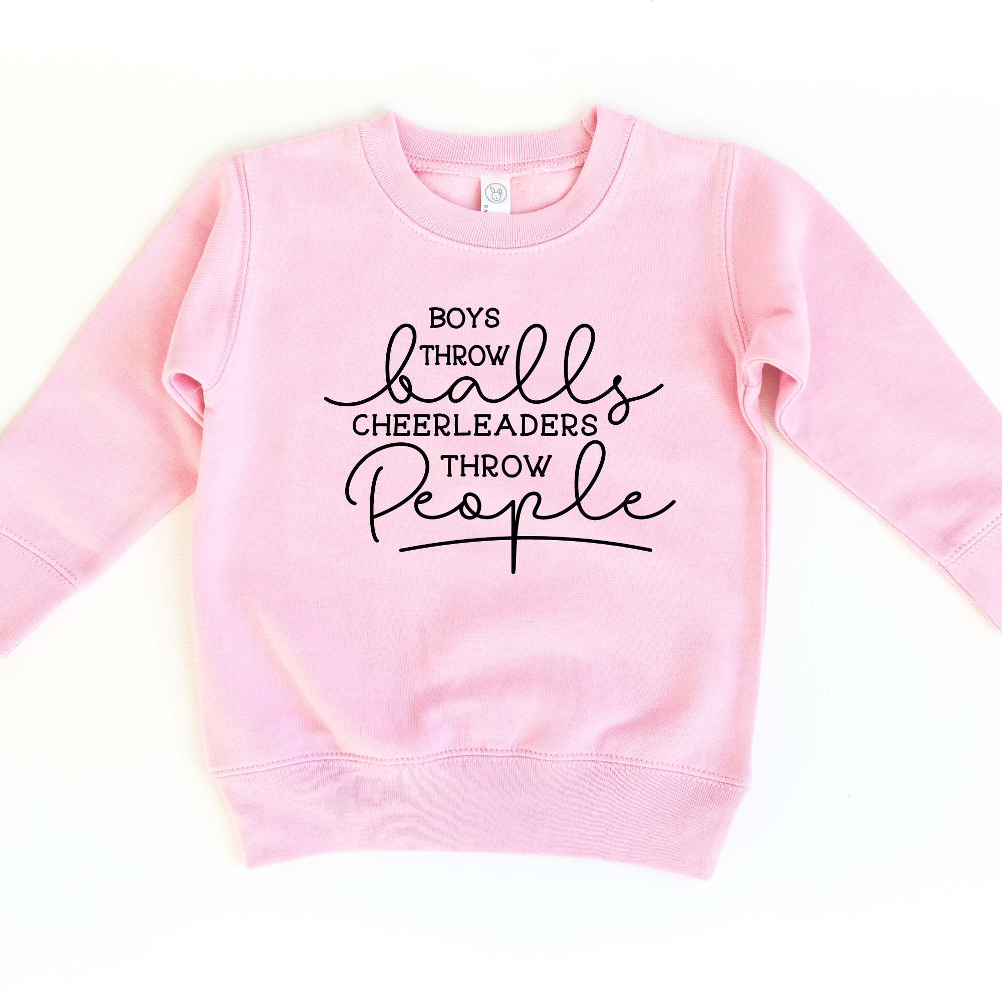 Funny cheer sweatshirt that says boys throw balls cheerleaders throw people in pink