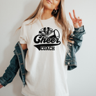 Retro cheer coach shirt with a pom pom and a megaphone.