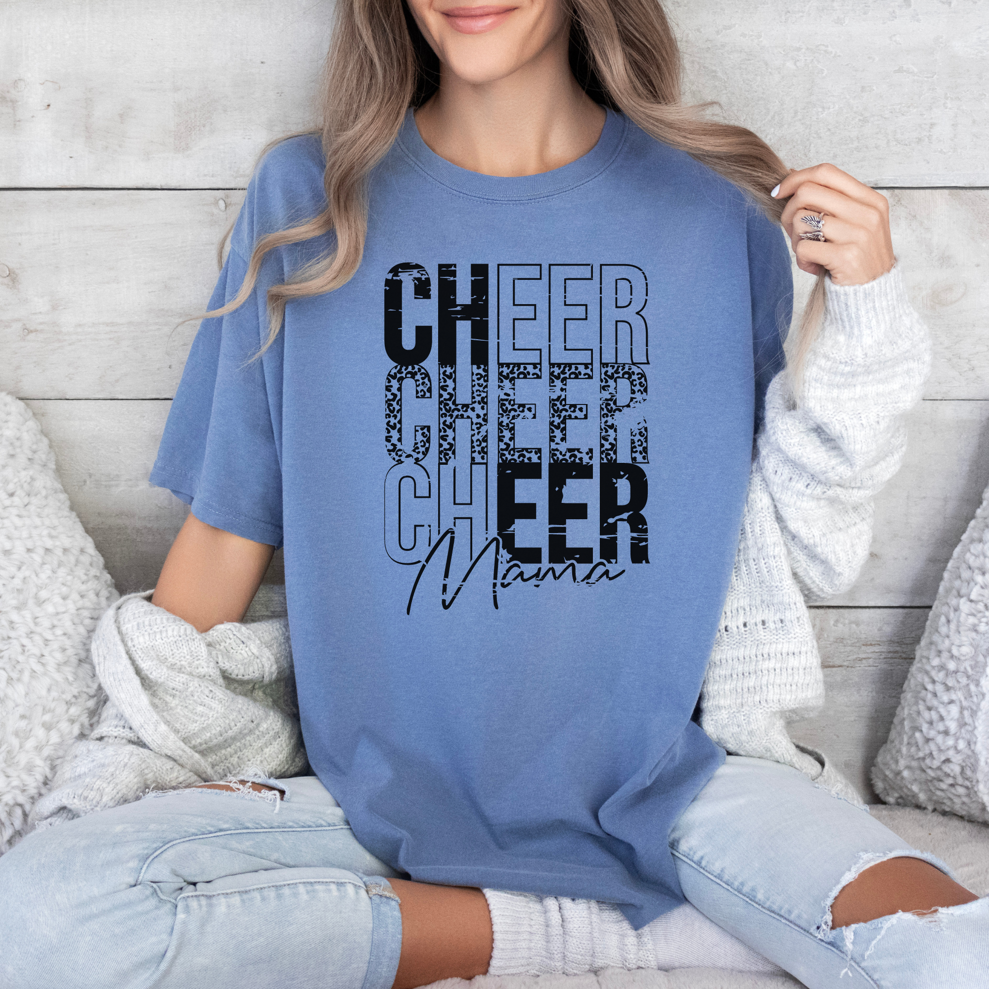 cheer mama tshirt stacked in a distressed cheetah print design