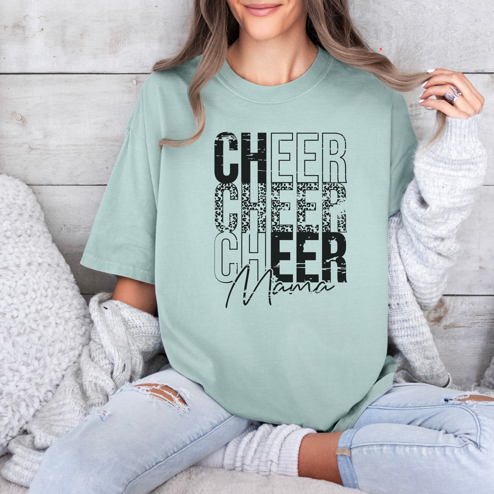 cheer mama tshirt stacked in a distressed cheetah print design
