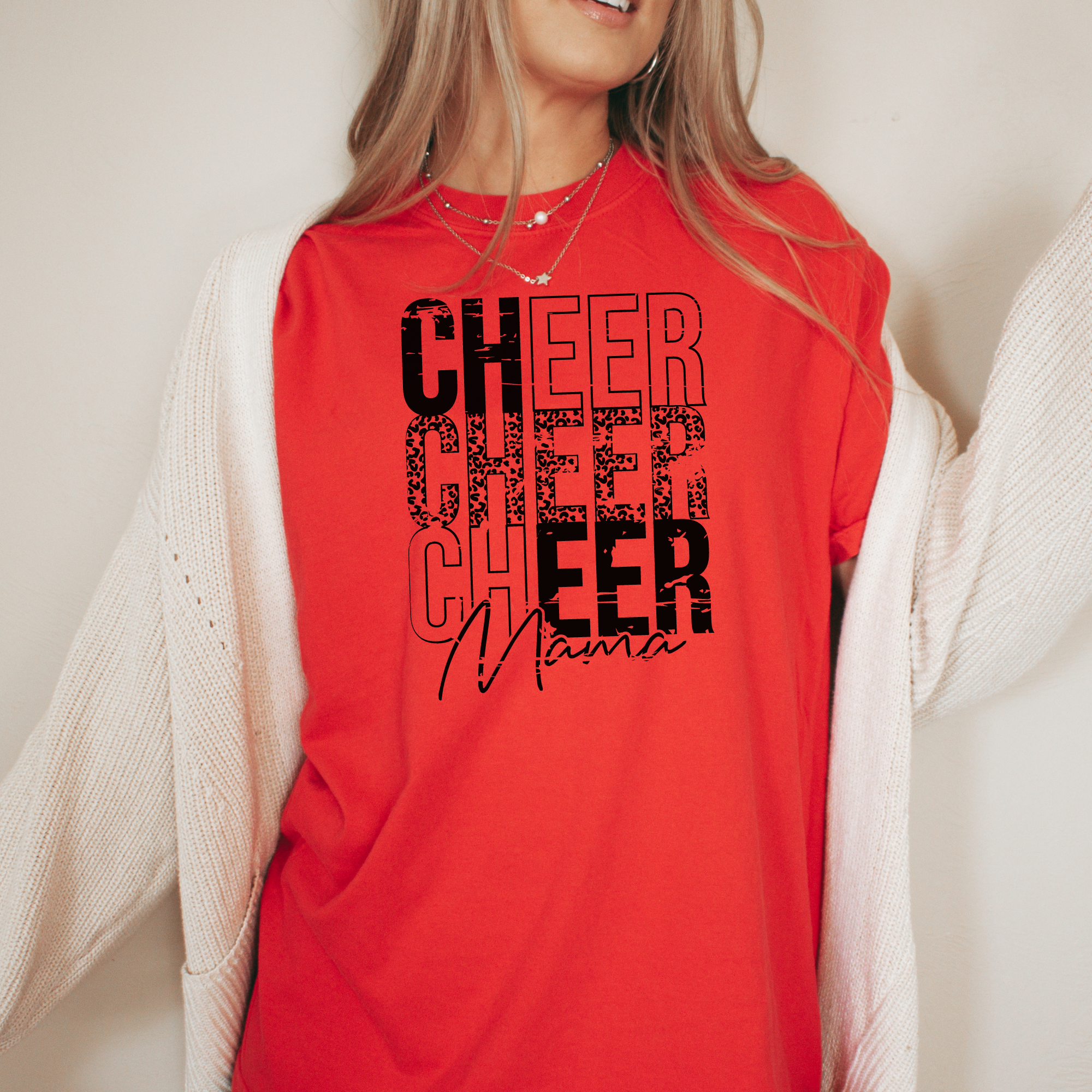 cheer mama tshirt stacked in a distressed cheetah print design