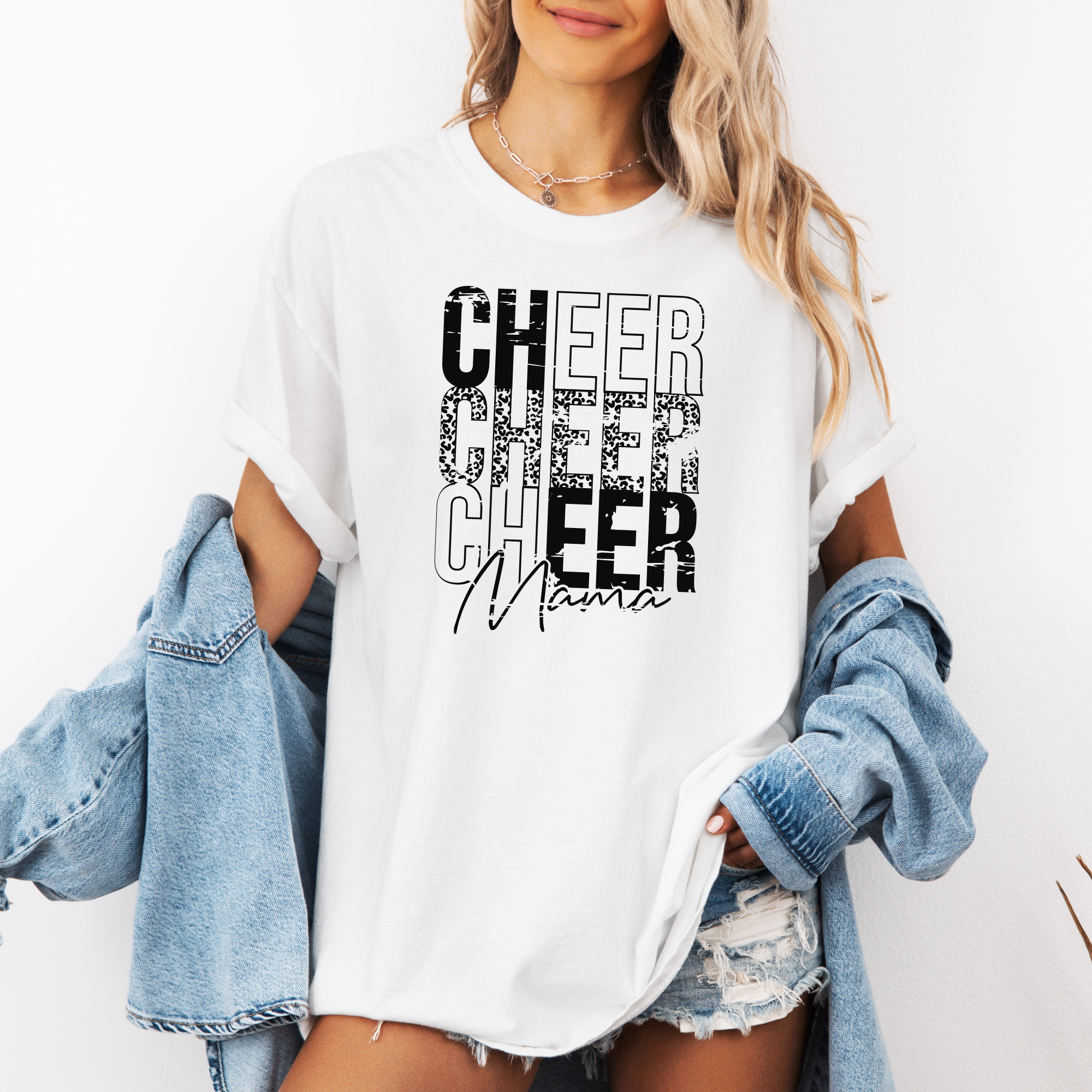 cheer mama tshirt stacked in a distressed cheetah print design