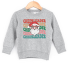 Retro cheerleader christmas sweathirt with santa claus wearing glasses.