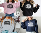 cheer mom sweatshirt in pink, black, gray, and navy