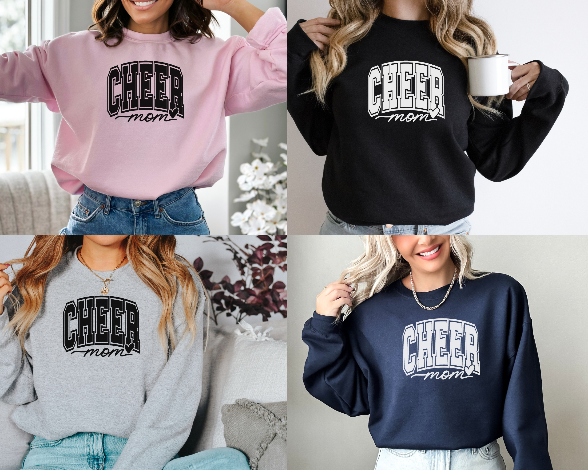 cheer mom sweatshirt in pink, black, gray, and navy