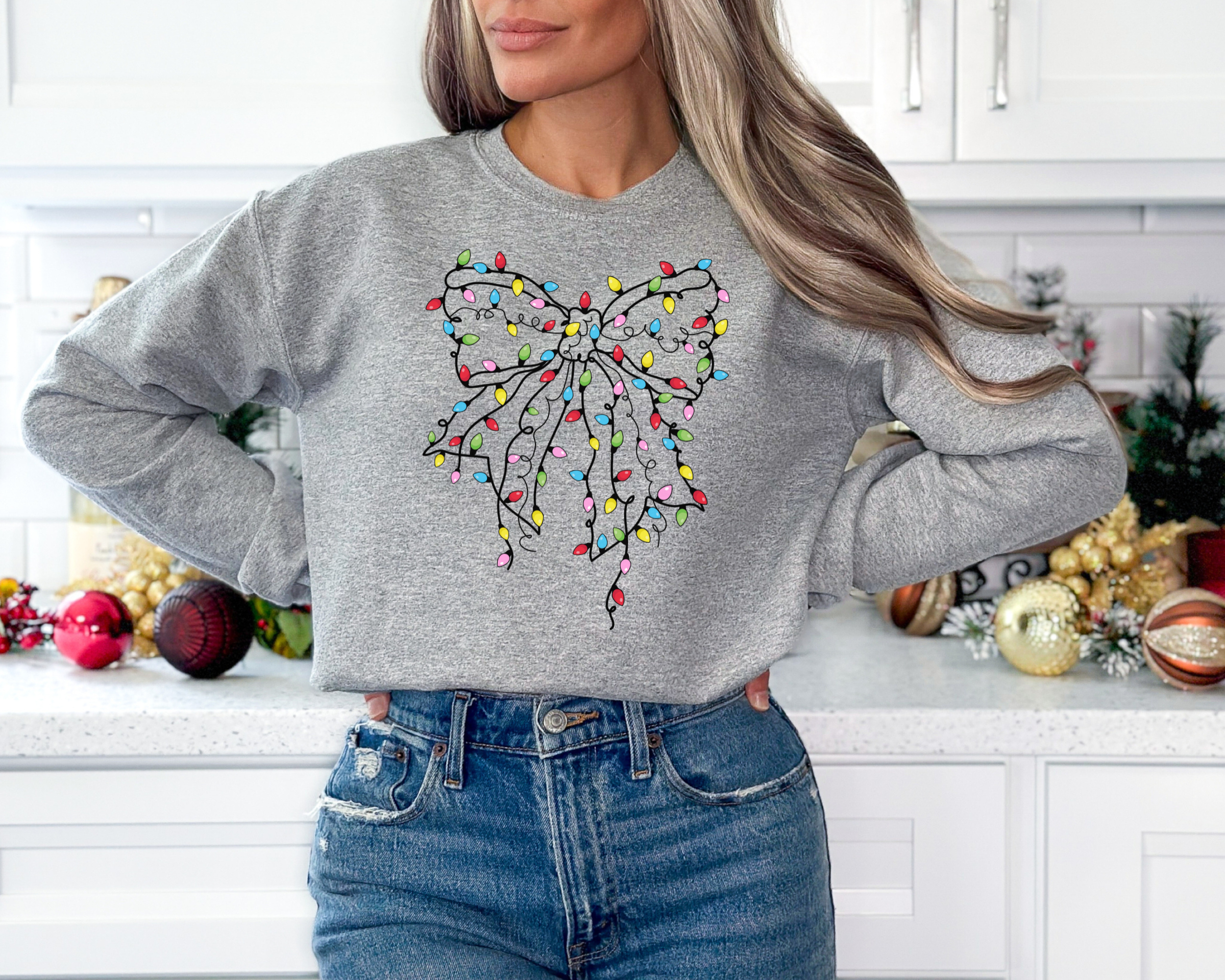 Christmas lights coquette bow sweatshirt for women to wear for the holidays