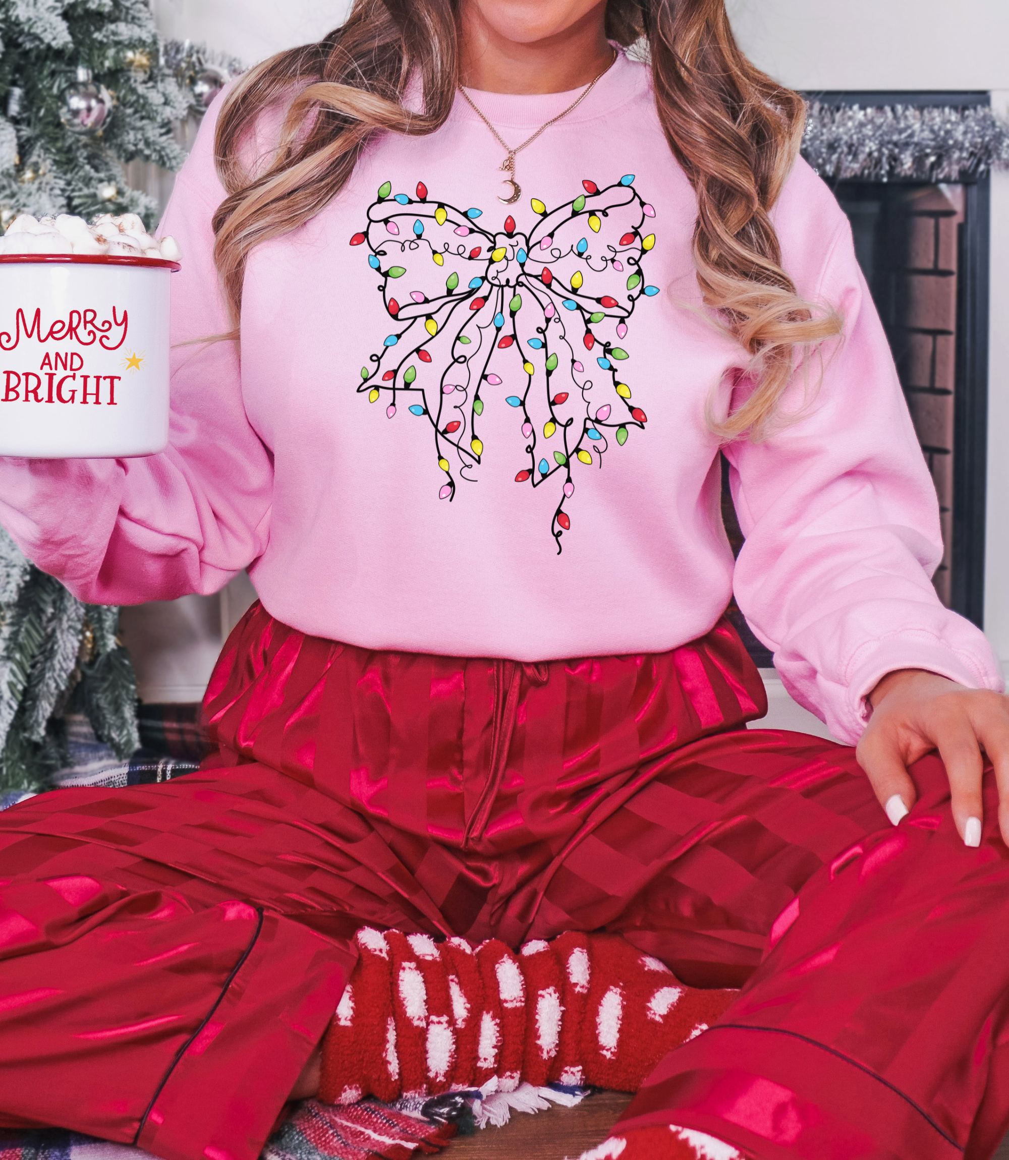 Christmas lights coquette bow sweatshirt for women to wear for the holidays