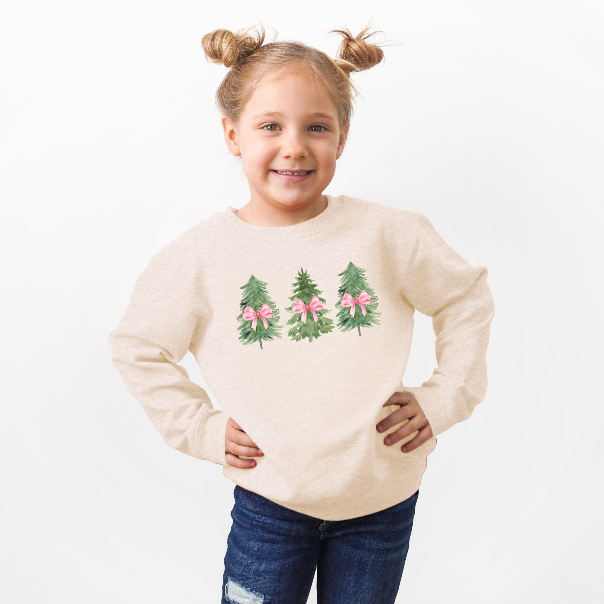 Pink bow Christmas trees - kids sweatshirt