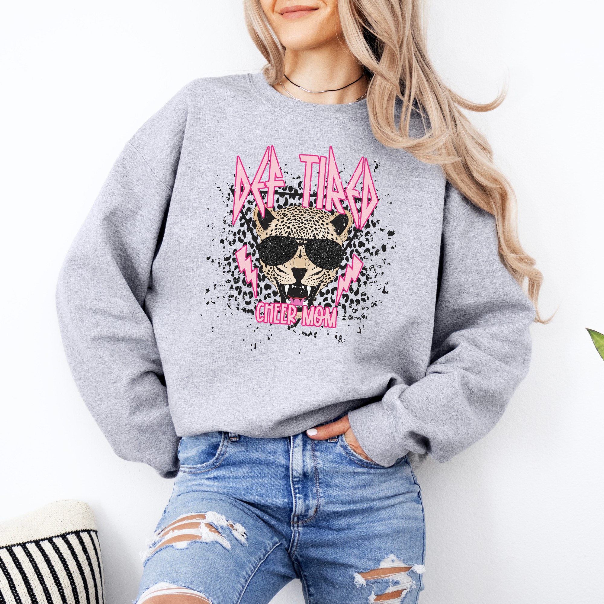 Def tired cheer mom sweatshirt.  Def leopard themed design with cute leopard design and leopard face in the middle.