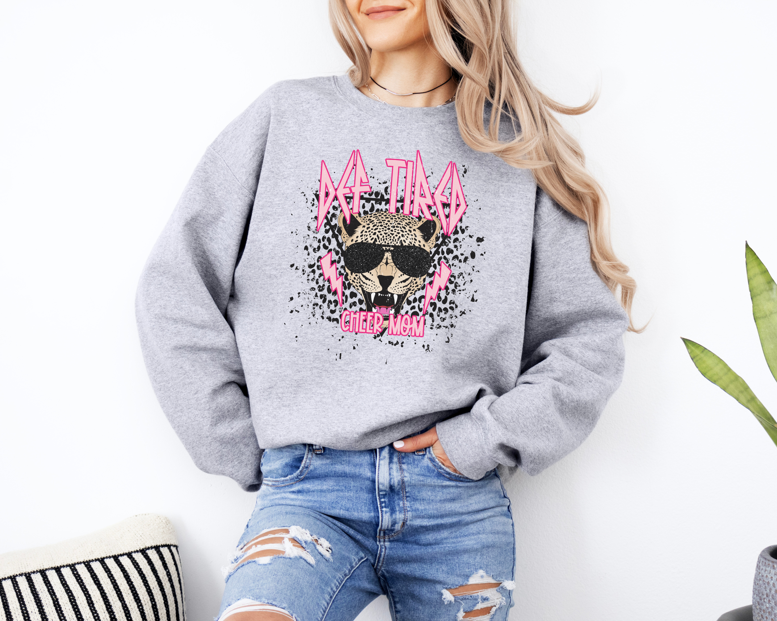 Def tired cheer mom sweatshirt.  Def leopard themed design with cute leopard design and leopard face in the middle.