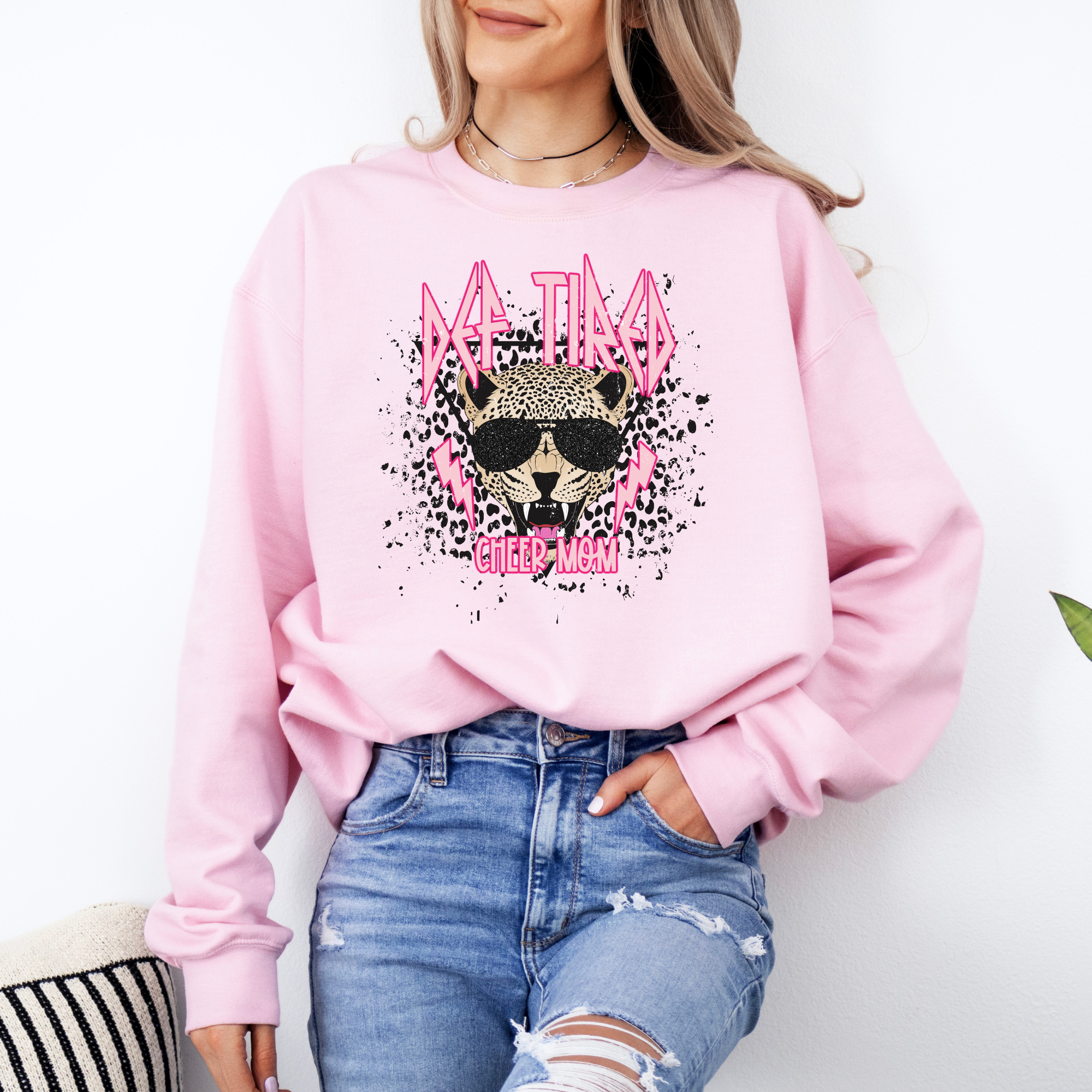 Def tired cheer mom sweatshirt.  Def leopard themed design with cute leopard design and leopard face in the middle.