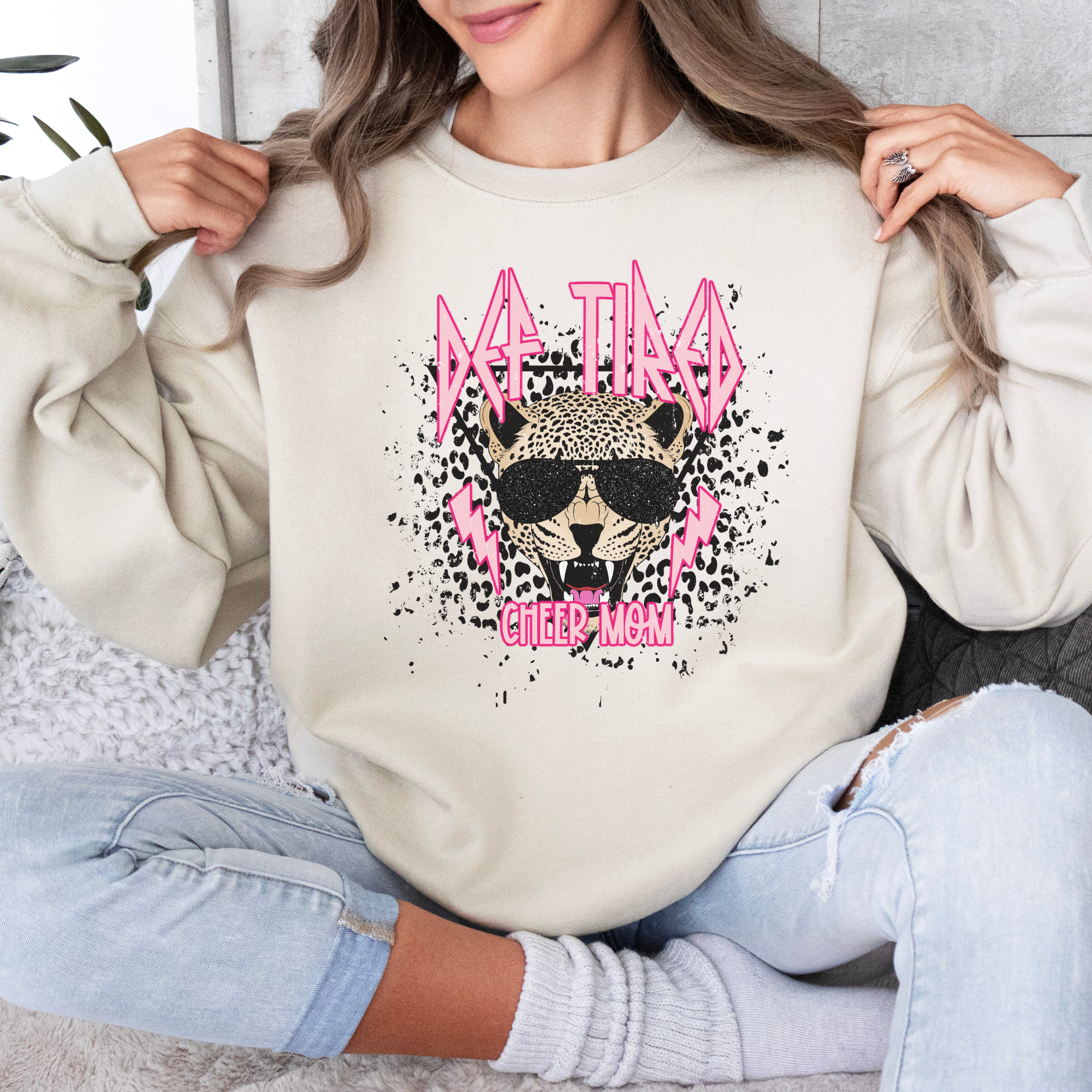 Def tired cheer mom sweatshirt.  Def leopard themed design with cute leopard design and leopard face in the middle.