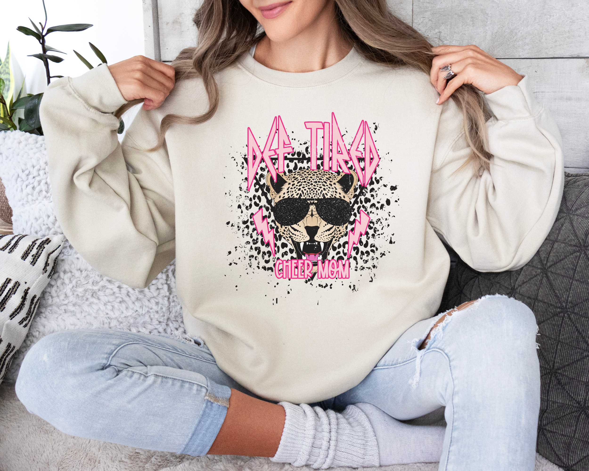Def tired cheer mom sweatshirt.  Def leopard themed design with cute leopard design and leopard face in the middle.