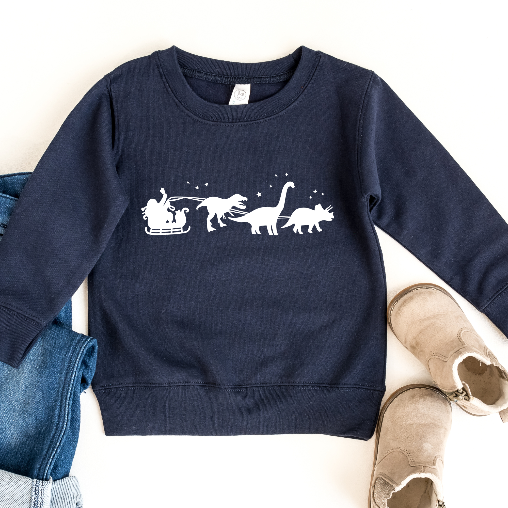 Toddler christmas sweatshirt with a santa sleigh and dinosaurs pulling the sleigh.