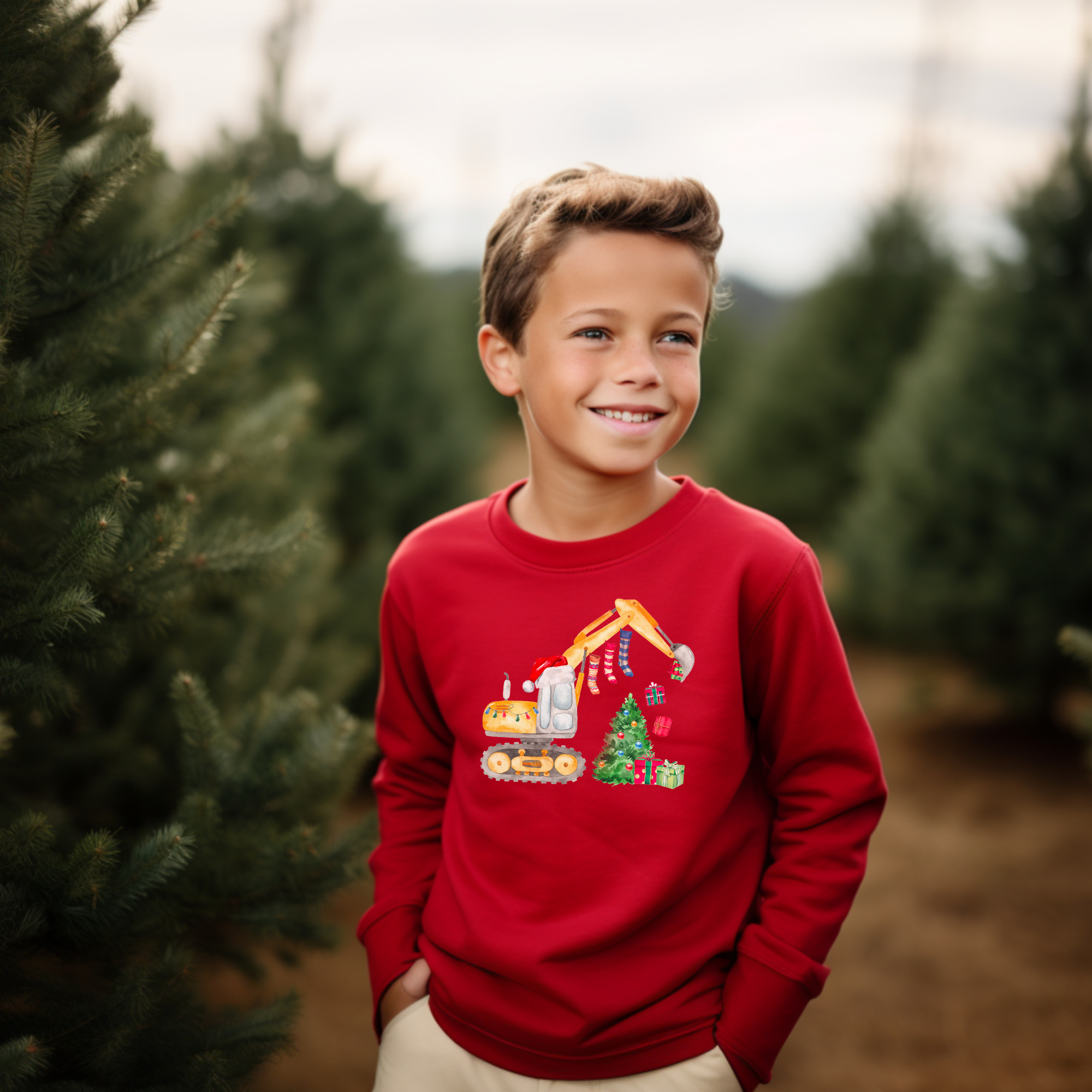 Excavator construction equipment christmas sweatshirt for the holidays.  Made in toddler and kid sizes.