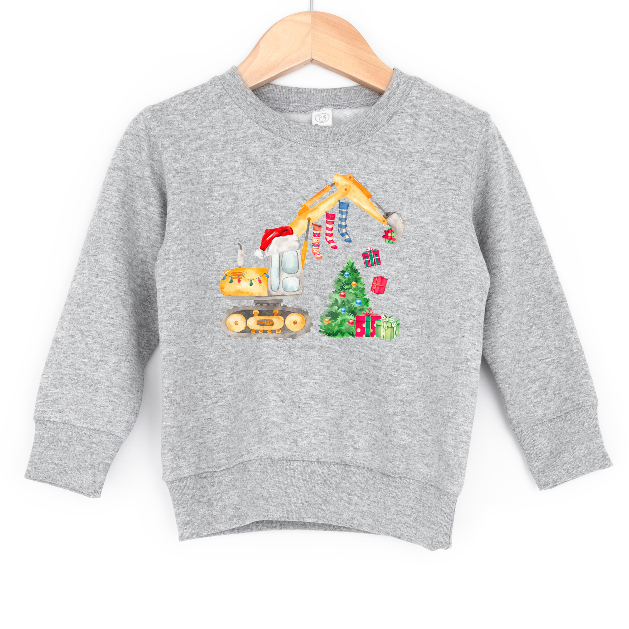 Excavator construction equipment christmas sweatshirt for the holidays.  Made in toddler and kid sizes.
