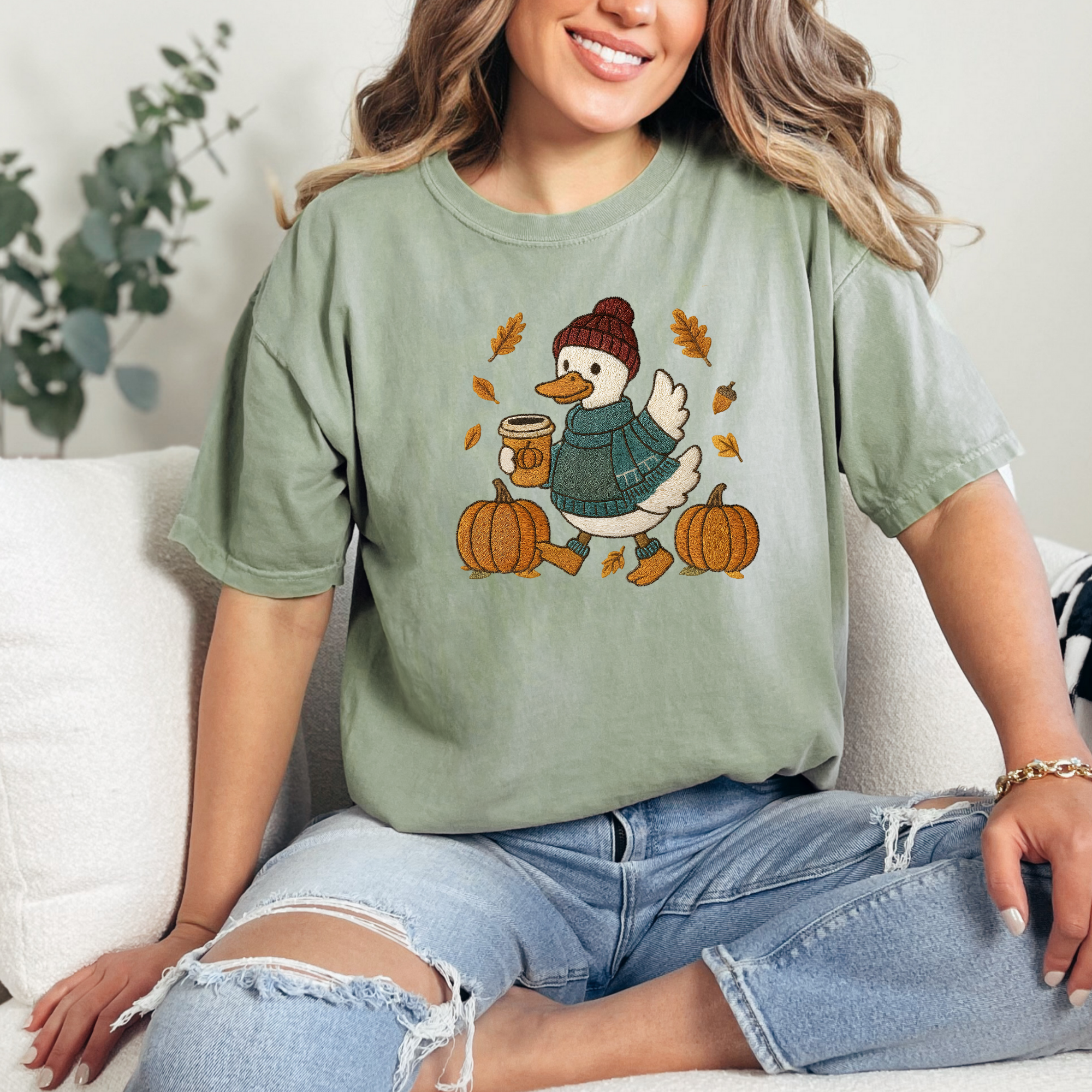 Fall Goose Faux Embroidery T-Shirt | Women's Fall Shirt