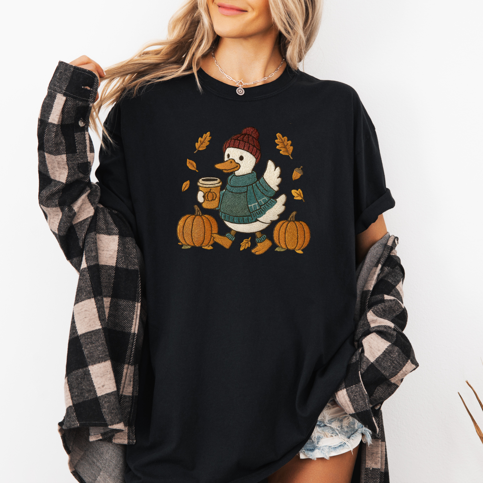 Fall Goose Faux Embroidery T-Shirt | Women's Fall Shirt