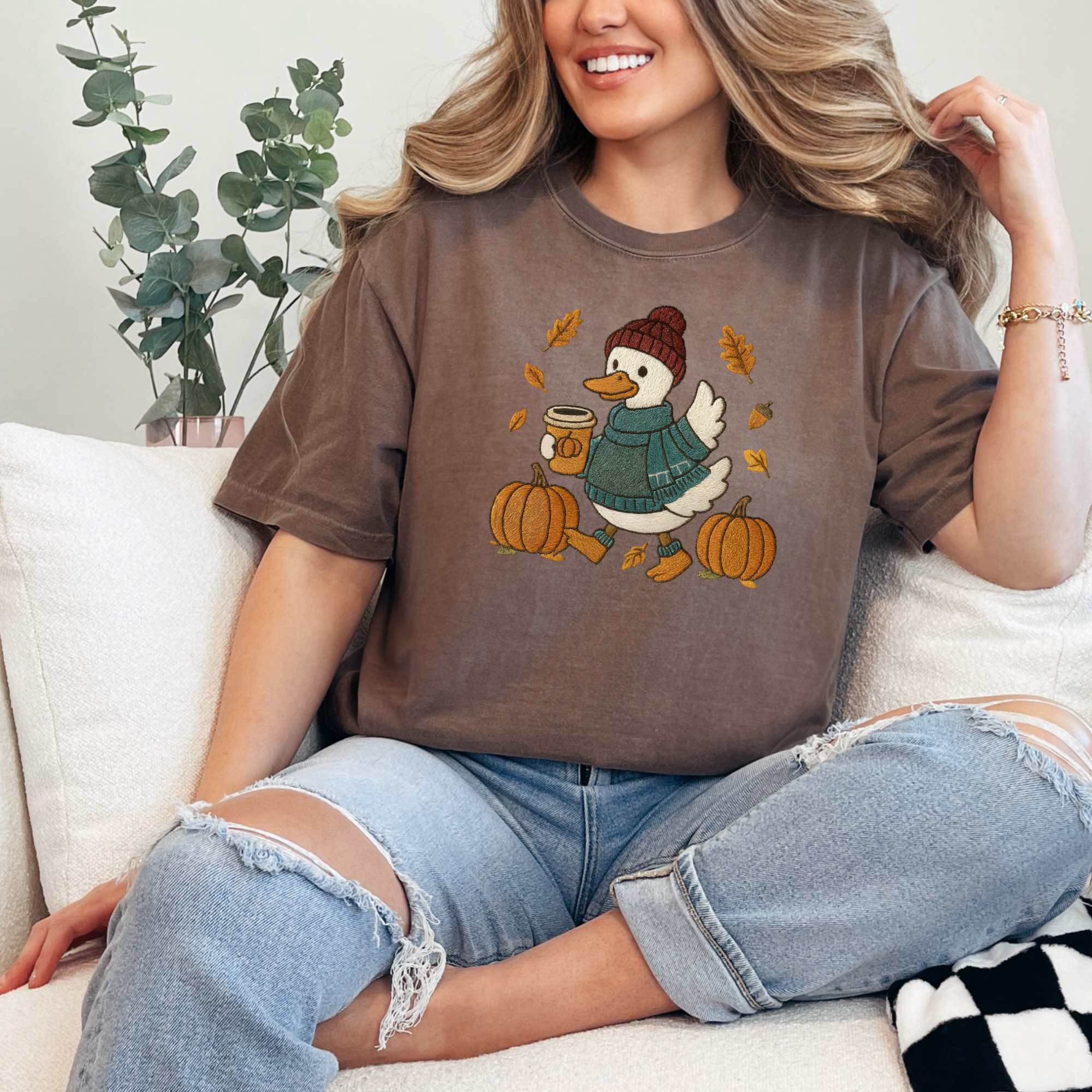 Fall Goose Faux Embroidery T-Shirt | Women's Fall Shirt