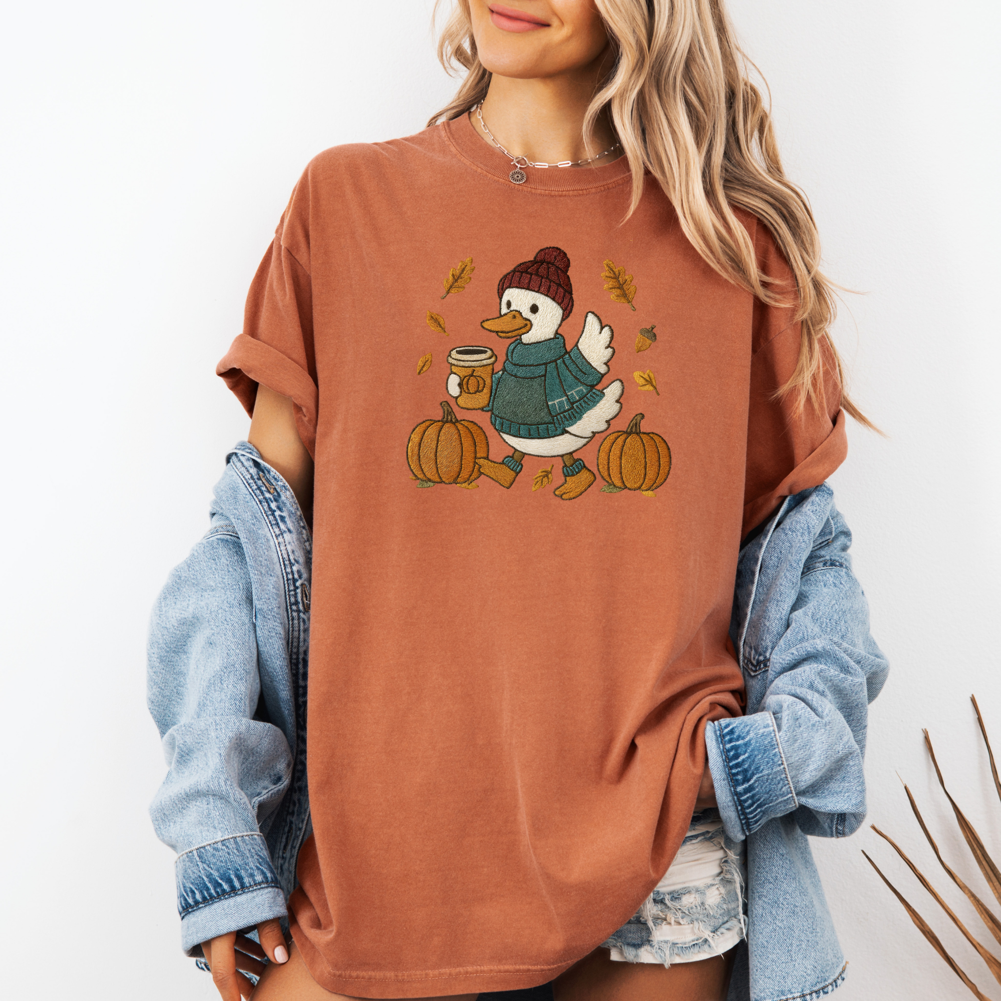 Fall Goose Faux Embroidery T-Shirt | Women's Fall Shirt