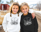 kids camping sweatshirt that says fire friends fun camping crew.