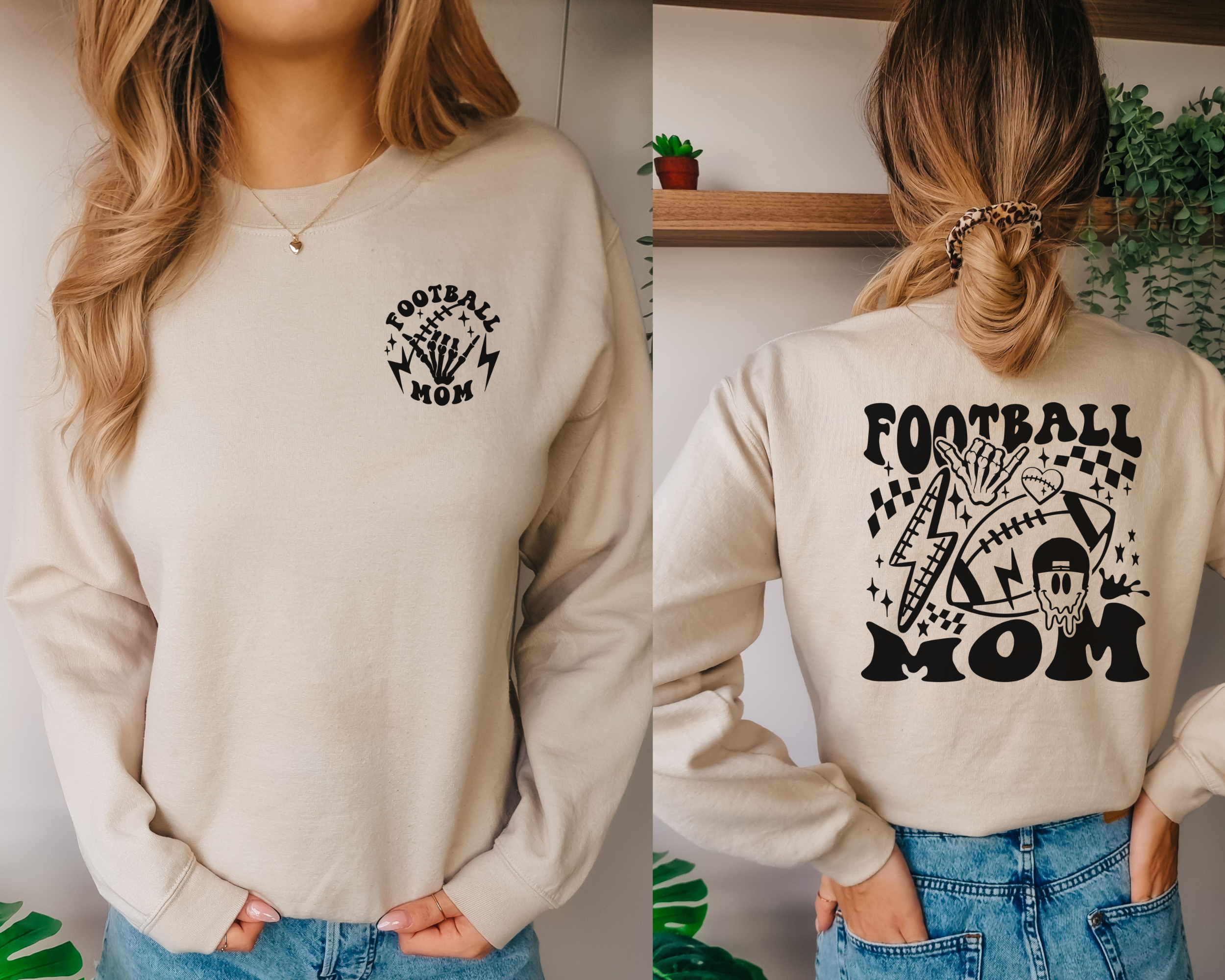 Football mom sweatshirt with design on front and back. The front is a small upper corner logo that says football mom with a skeleton hand. The back is big and says football mom with lightnight bolt, checkers, a football, and a melting smiley face with a helmet. The shirt color is sand and the dseign is black.