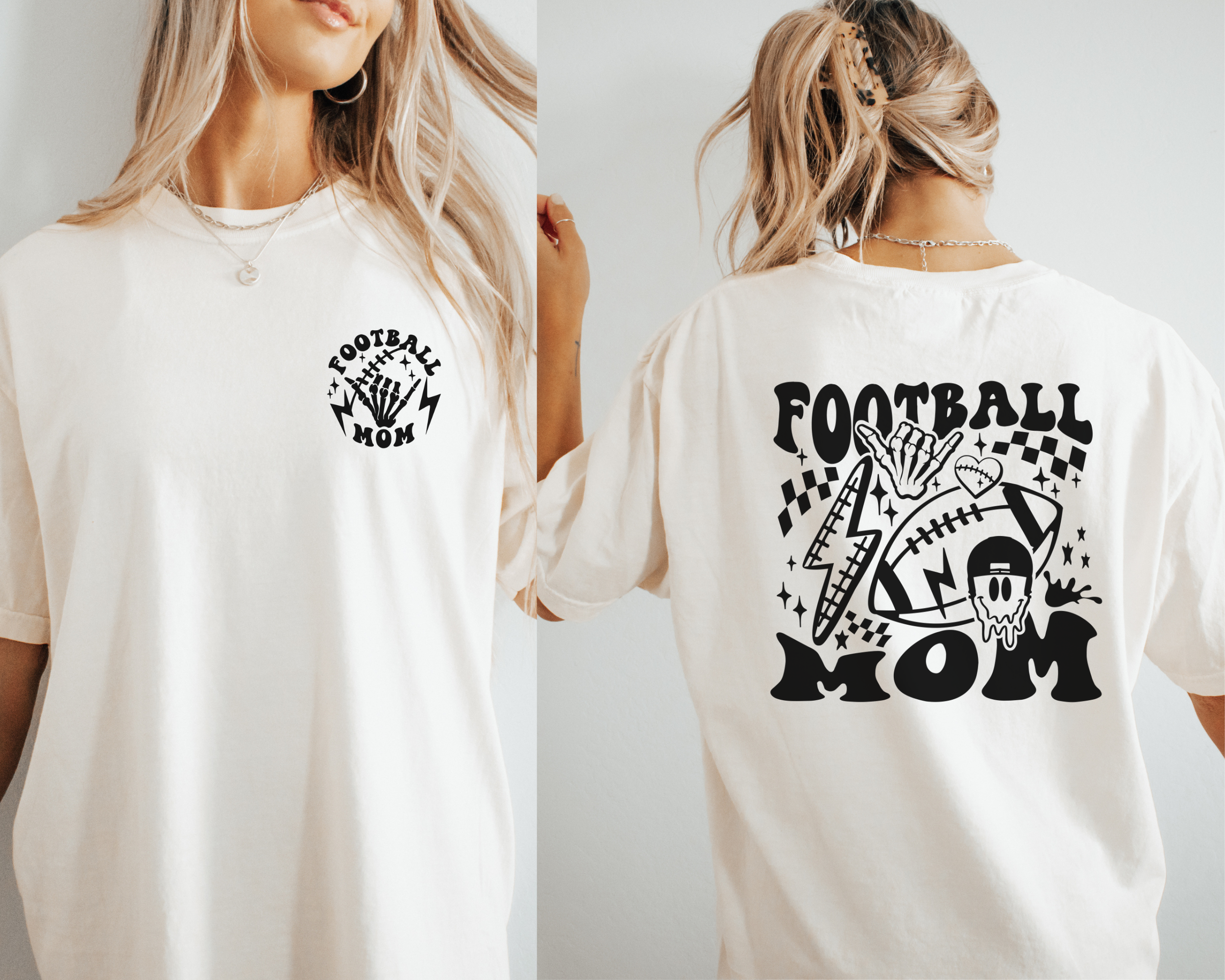 Football mom shirt in ivory with black design. The front is a small circle corner logo that says footnball mom with a skeleton hand inside. The back is large and says football mom with a collage of designs including a lighting bolt. football, checkers, hear, and a melting smiley face with a helmet.